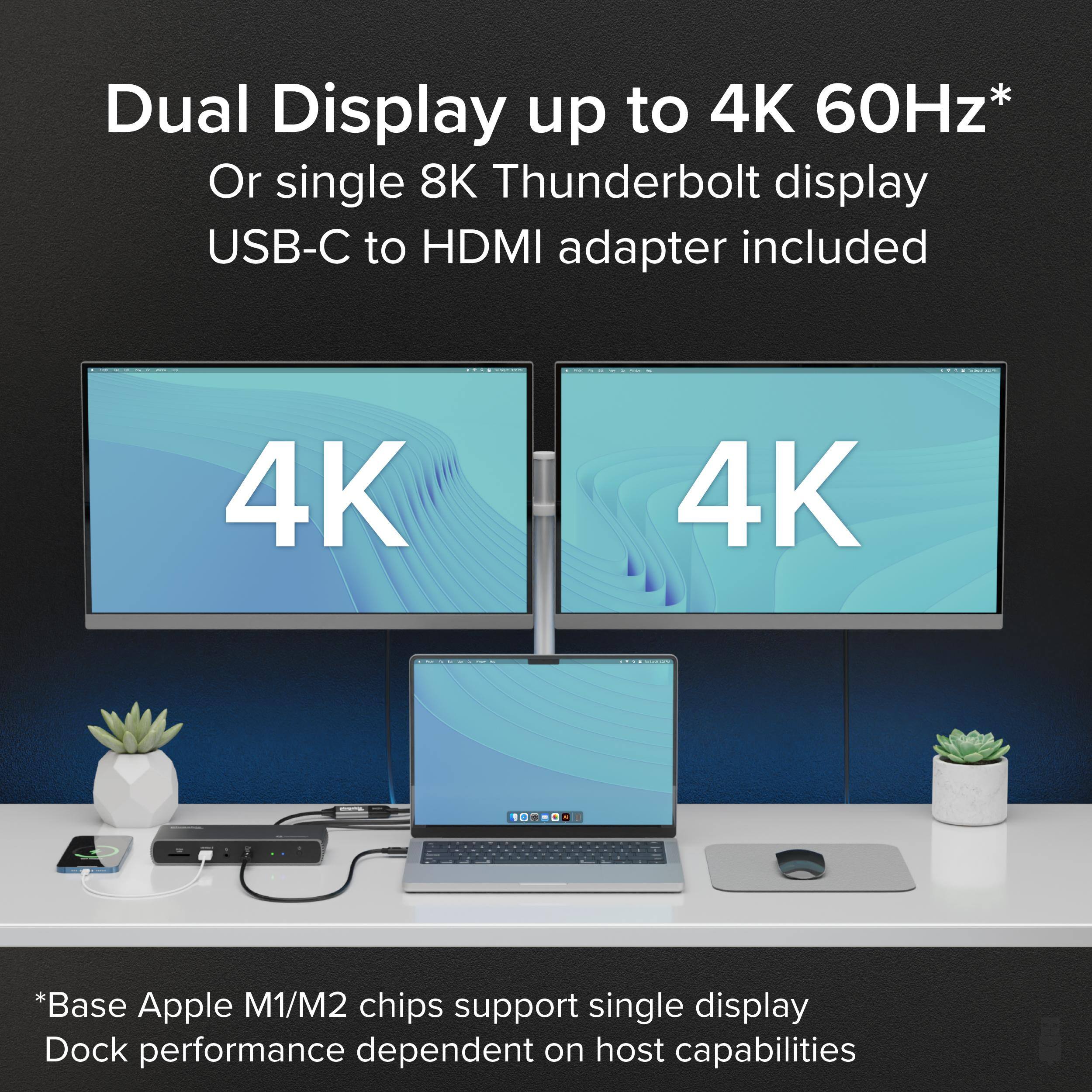 Dual Display up to 4K 60Hz* Or single 8K Thunderbolt display USB-C to HDMI adapter included 4K 4K 1. *Base Apple M1/M2 chips support single display Dock performance dependent on host capabilities