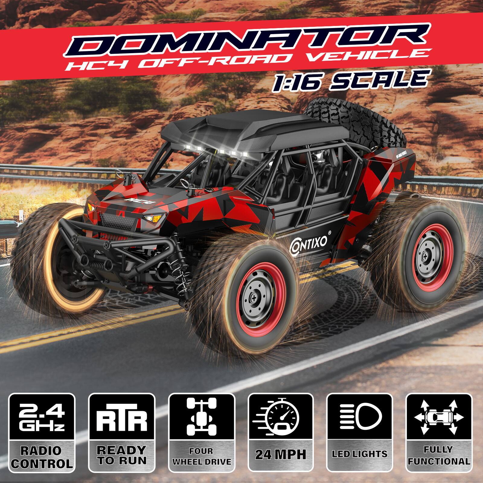 DOMINATOR  
HC4 OFF-ROAD VEHICLE  
1:16 SCALE  

- 2.4 GHz RADIO CONTROL  
- READY TO RUN  
- FOUR WHEEL DRIVE  
- 24 MPH  
- LED LIGHTS  
- FULLY FUNCTIONAL