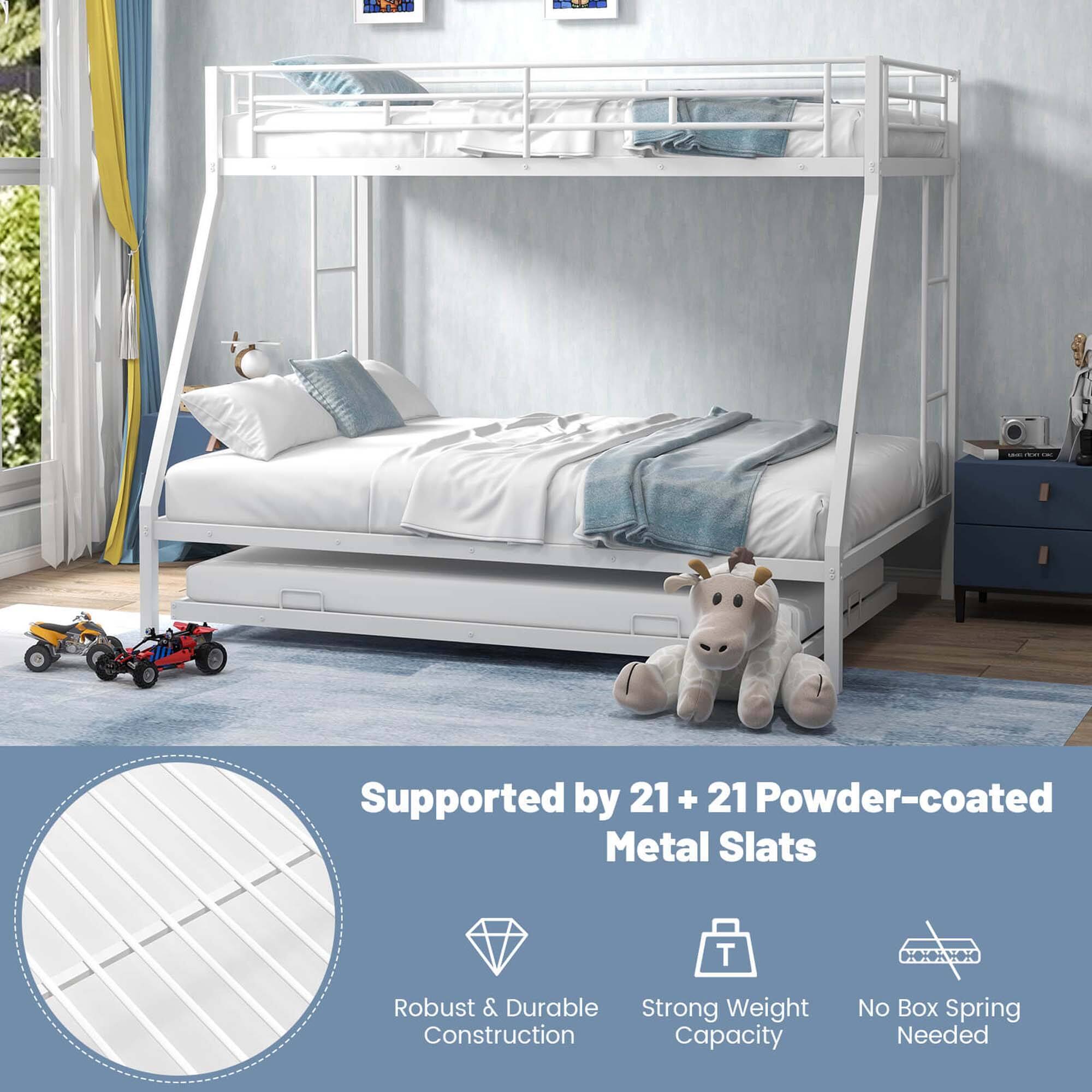 The text on the image is grouped and corrected as follows:

"Supported by 21 21+21 + 21 Powder-coated Metal Slats. Robust & Durable. Strong Weight Construction Capacity. No Box Spring Needed."