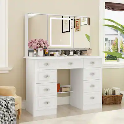 Famapy Vintage Vanity Table with 3 Sided LED Mirror Makeup Dressing Table 9 Drawer Organizer Hidden Storage White BBFAZJ-KF210215-01 - Best Buy Famapy Vintage Vanity Table with 3 Sided LED Mirror Makeup Dressing Table 9 Drawer Organizer Hidden Storage White BBFAZJ-KF210215-01 - Best Buy