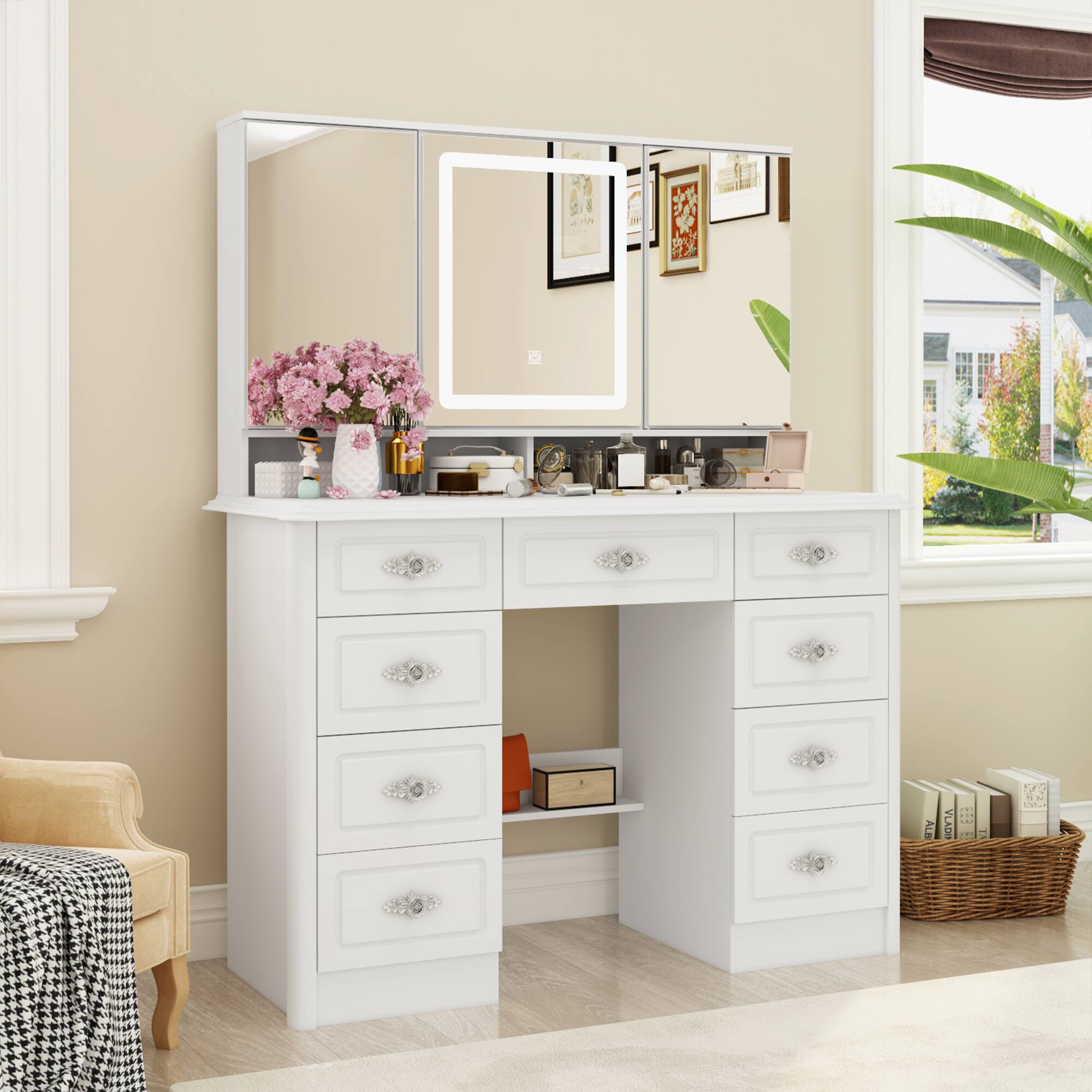 Alt View 9. Famapy - Vintage Vanity Table with 3-Sided LED Mirror - Makeup Dressing Table 9-Drawer Organizer Hidden Storage - White.