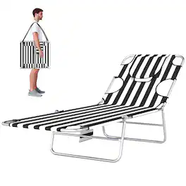 Outsunny - Chair with Face Hole, 5-Level Adjustable Outdoor Chaise Lounge Chair with Pillow for Beach, Pool - Black Stripe
