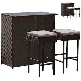 Costway - Patio 3PCS Rattan Bar Table Stool Set Cushioned Chairs with Cover - brown/gray/off white