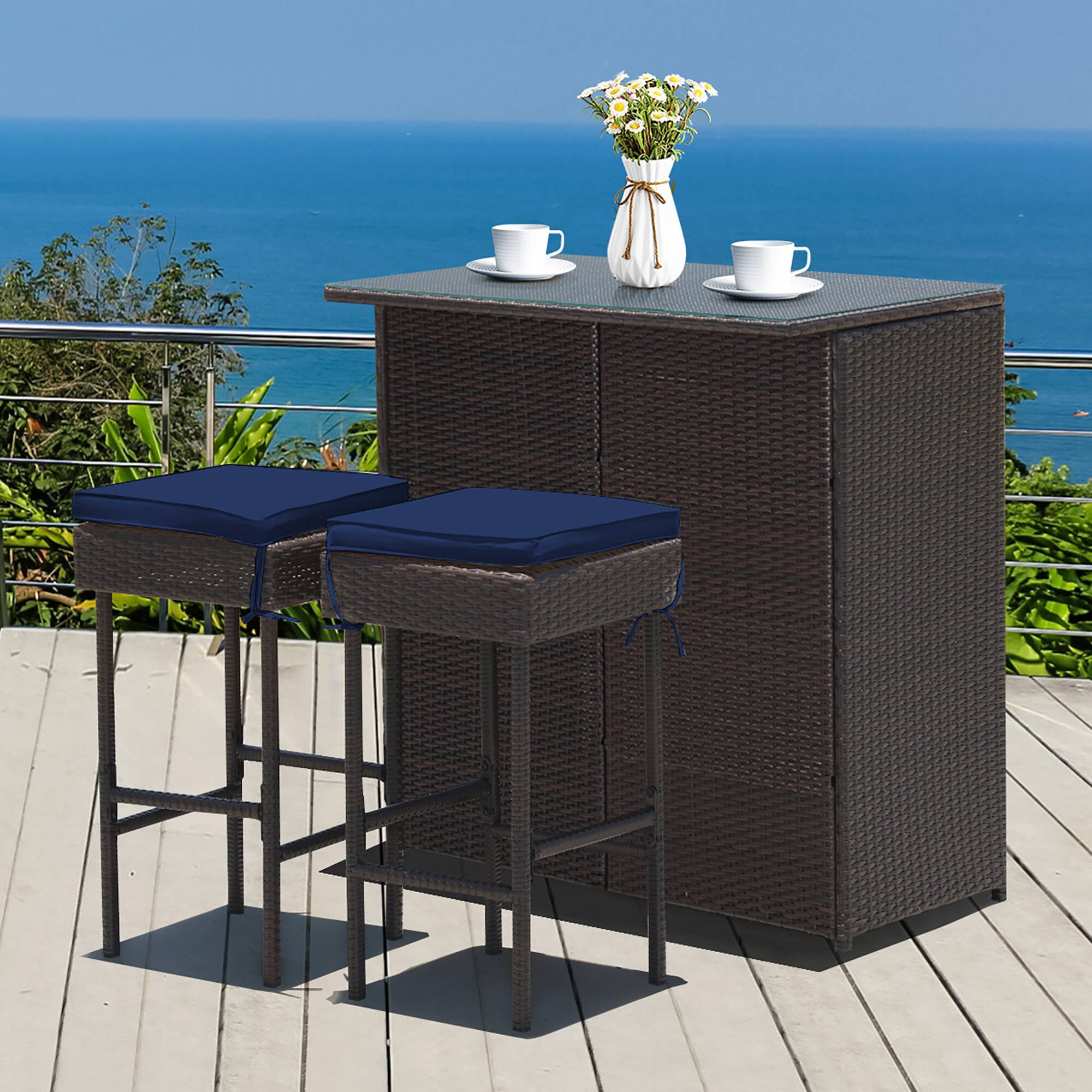 Alt View 7. Costway - 3PCS Rattan Bar Table Stool Set Cushioned Chairs with Cover - brown/navyy/off white.