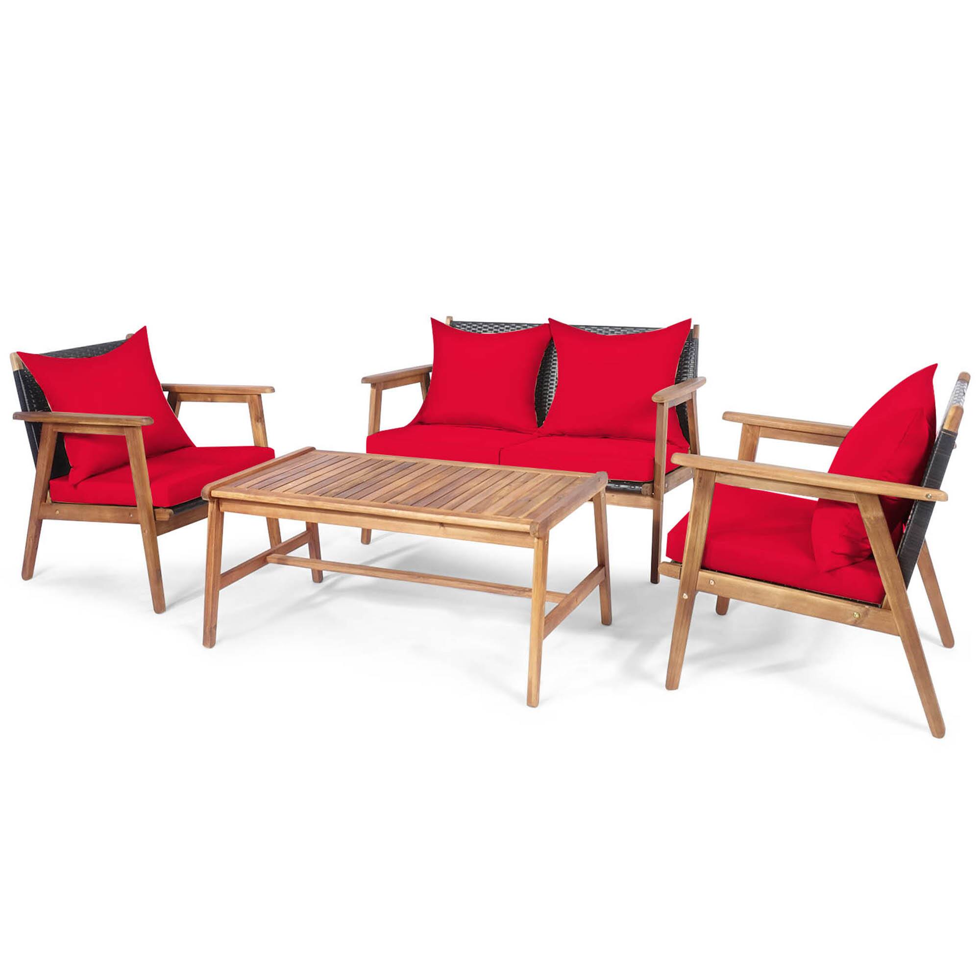 Alt View 1. Gymax - Gymax 4PCS Patio Conversation Set Wood Frame Furniture Set w/ Red Cushions - Red.
