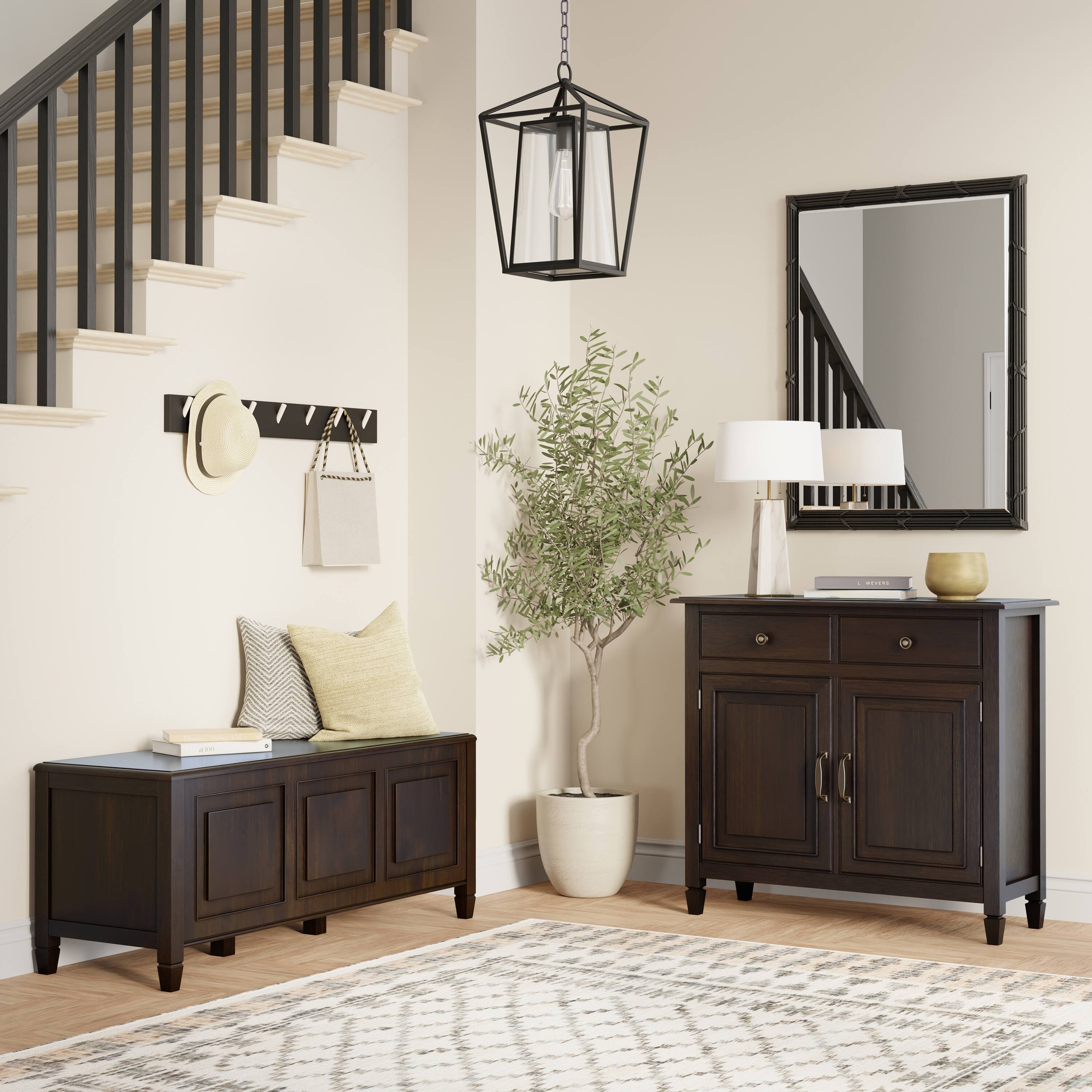 Angle. Simpli Home - Connaught Solid Wood 51 inch Wide Storage Bench Trunk and 40 inch Wide Storage Cabinet in Dark Chestnut Brown - Dark Chestnut Brown.