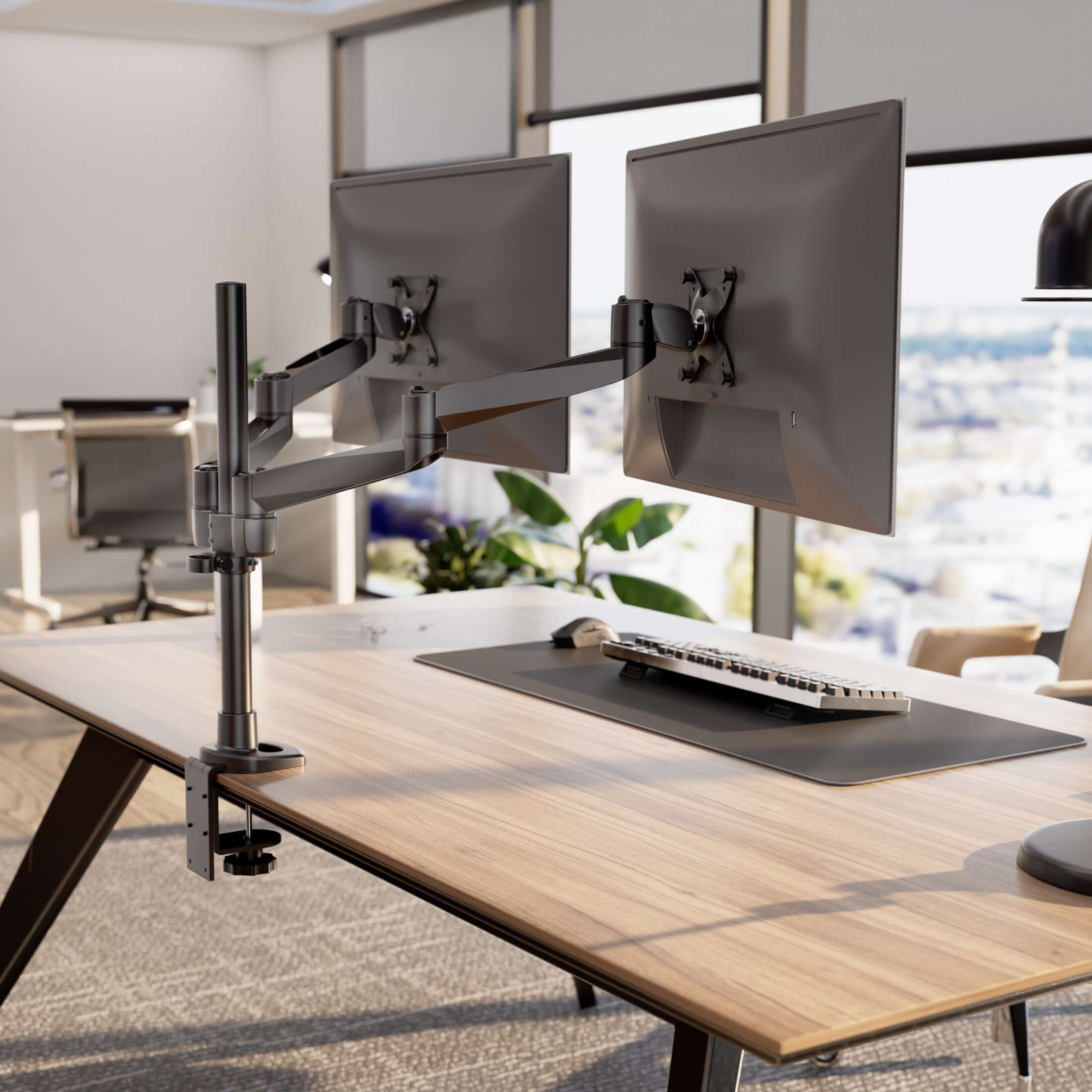 Left. Mount-It! - CLiX Series Dual Wide Adjustable Monitor Desk Mount – Full Motion Dual Arm for Two 13"-32" Screens, Black - Black.