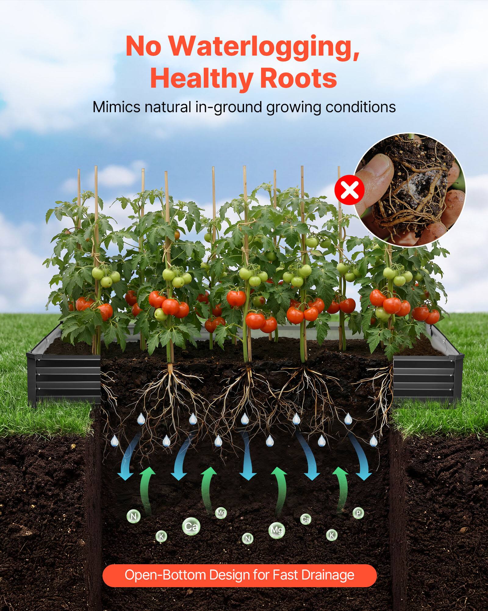 No Waterlogging, Healthy Roots  
Mimics natural in-ground growing conditions  

Open-Bottom Design for Fast Drainage  

N K Ca Mg N Mg K P