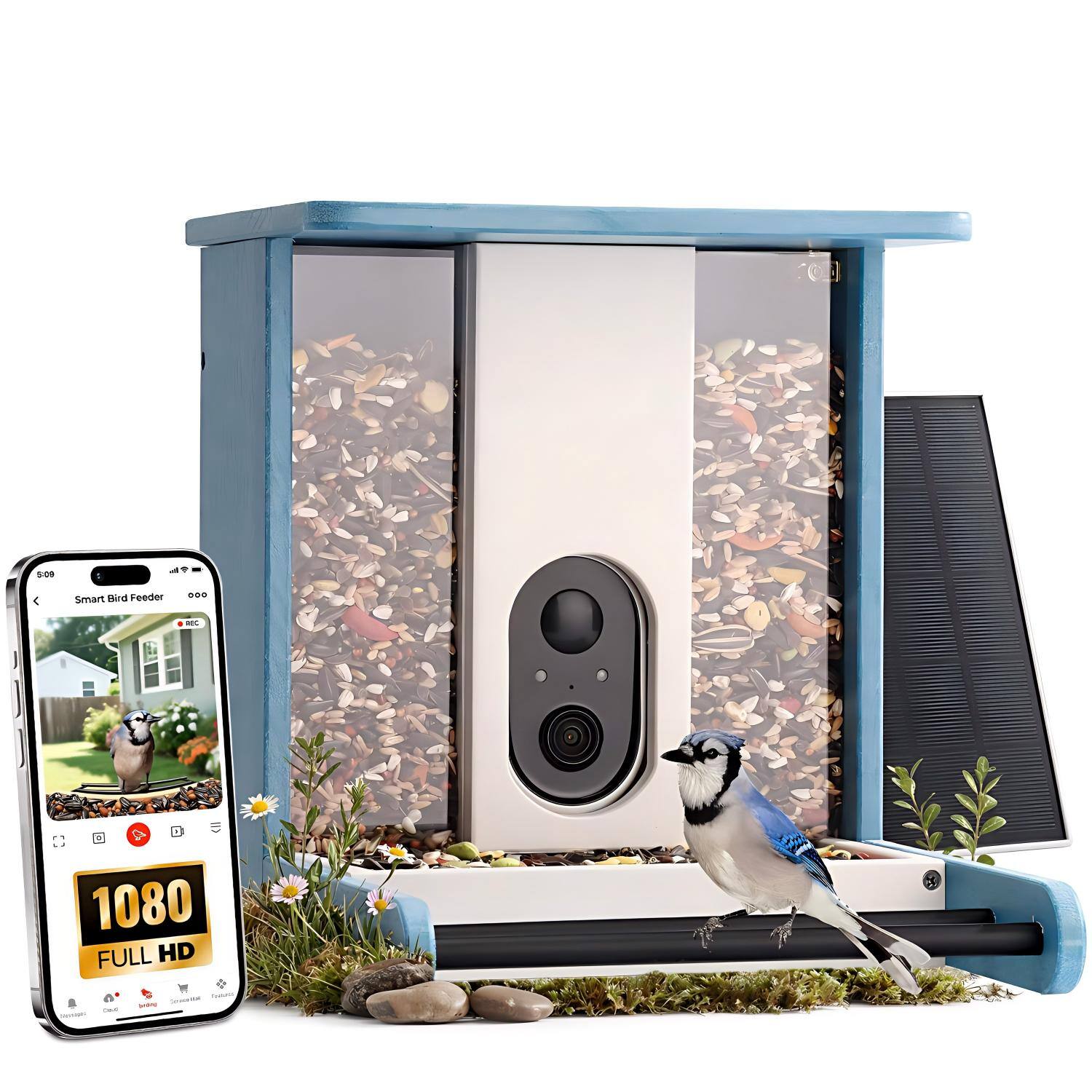 Luckbyte - HDPE Smart Bird Feeder with 2K Camera Solar Powered AI Bird Identify - Blue