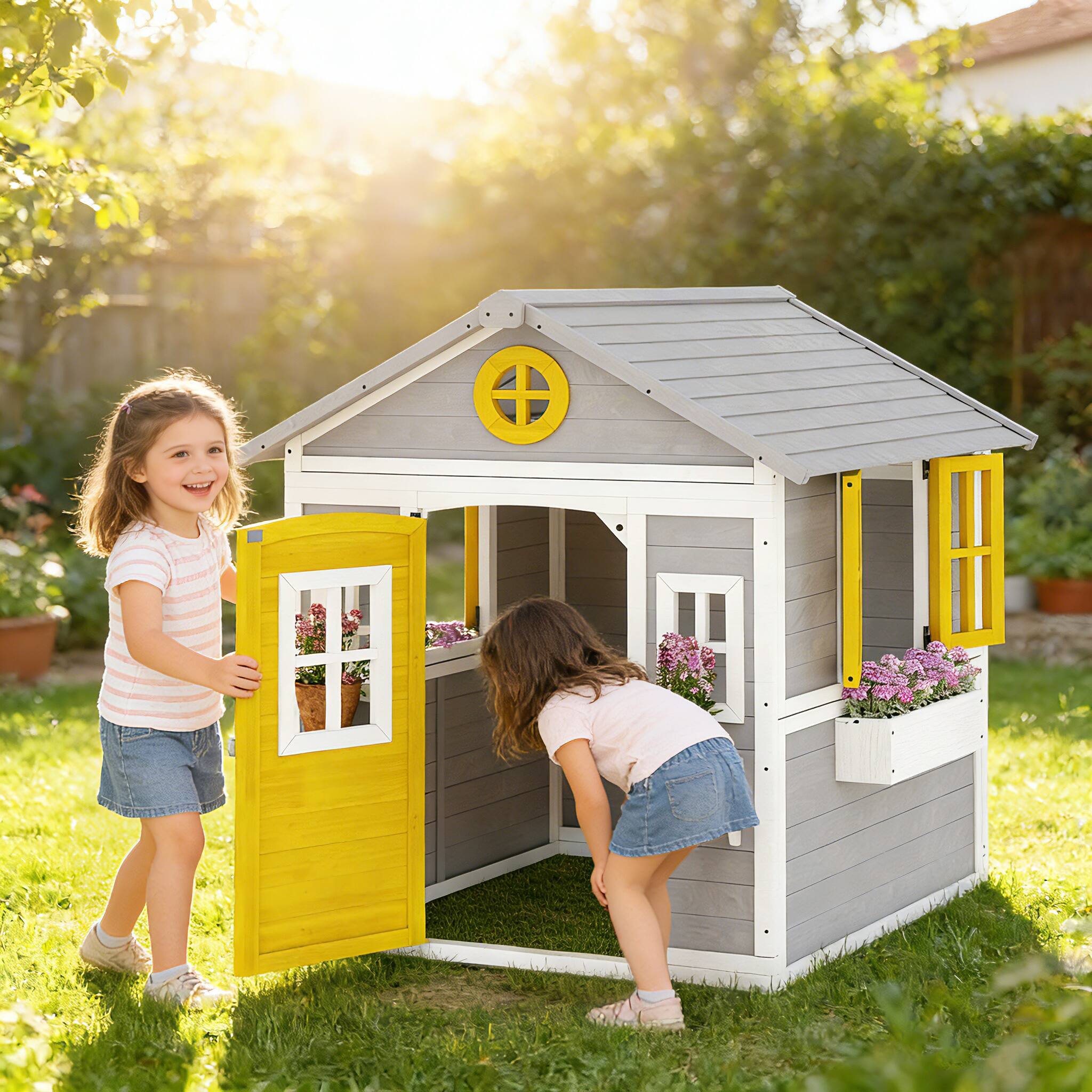 Alt View 1. Outsunny - Playhouse for Kids Outdoor with Doors, Windows - Gray.
