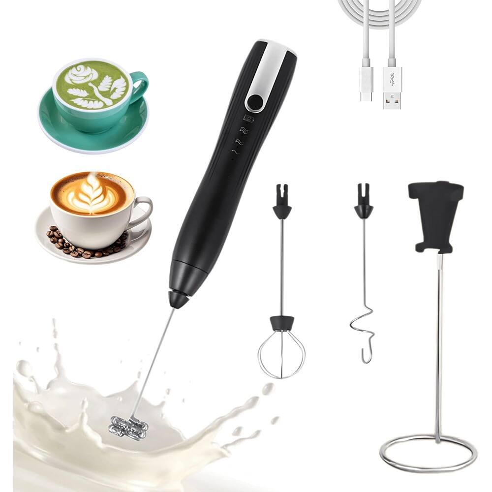 Front. ACJPR - Rechargeable Milk Frother – 3 Stainless Whisk Heads with Stand, Black - Black.