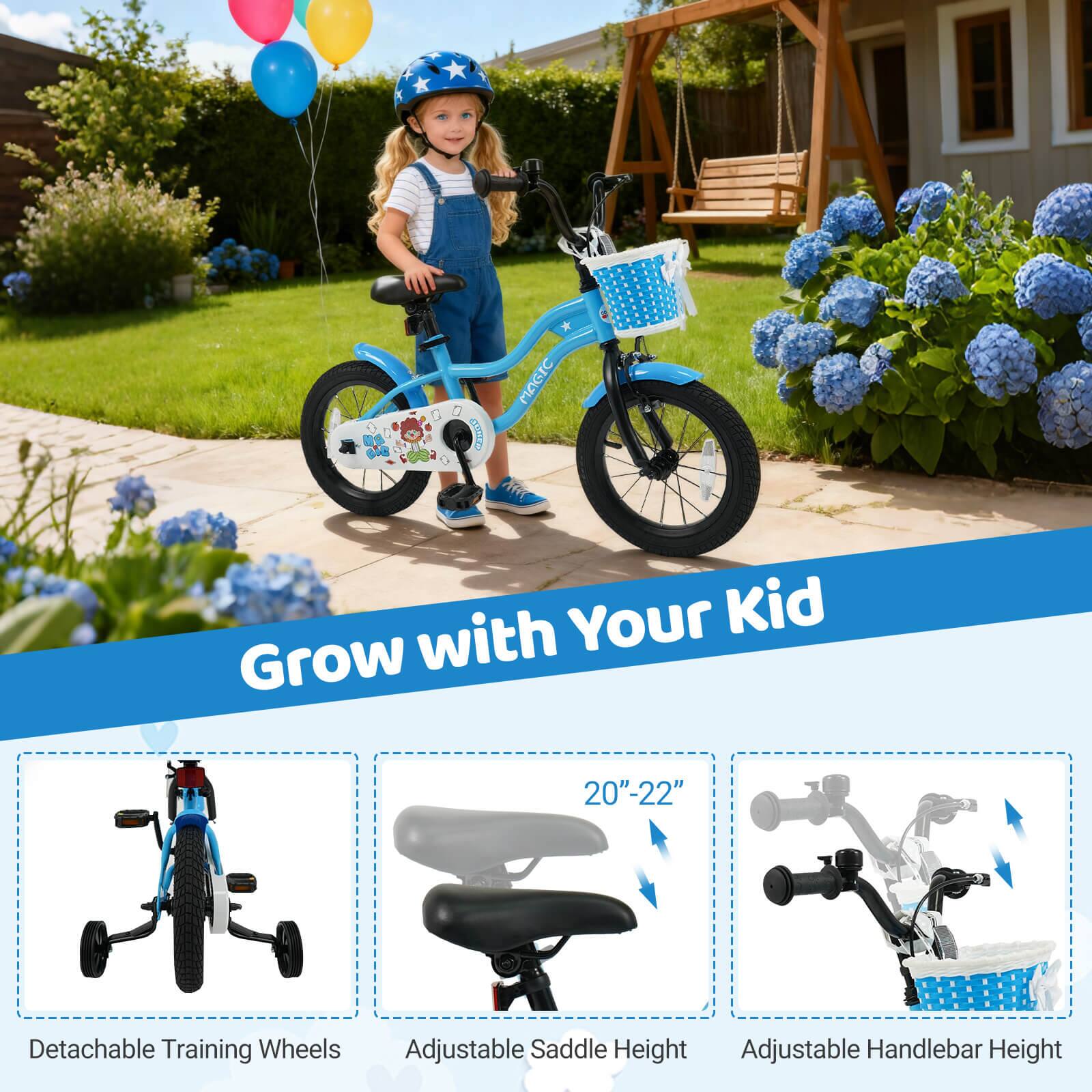 Sure, here is the corrected and grouped text:

---

**Grow with Your Kid**

- **Detachable Training Wheels**
- **Adjustable Saddle Height** (20"-22")
- **Adjustable Handlebar Height**

---
