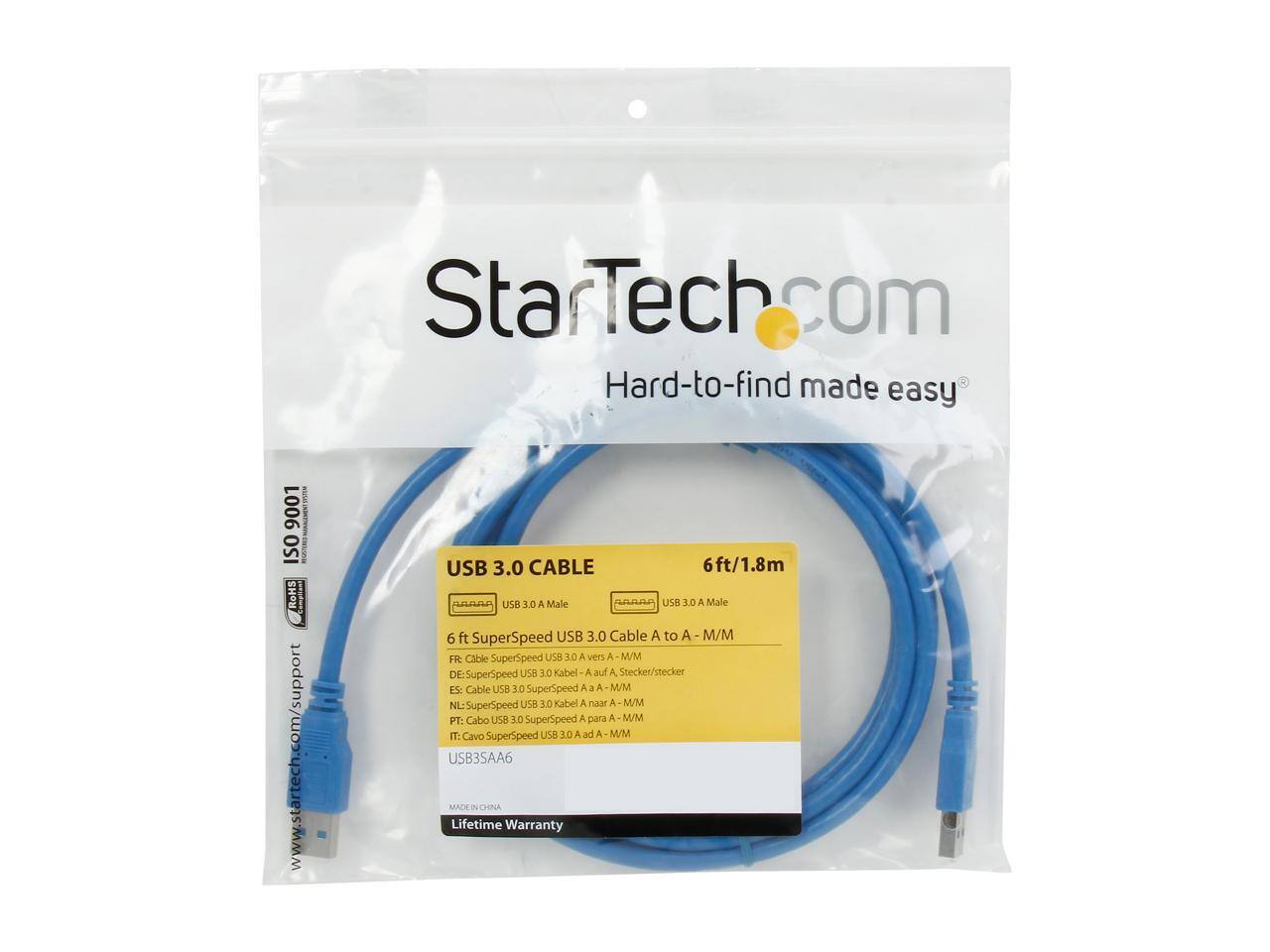 StarTech.com  
Hard-to-find made easy  

ISO 9001 ATR ISO - RoHS  
www.startech.com/support  

USB 3.0 CABLE  
6ft/1.8m  

USB 3.0 A Male  
USB 3.0 A Male  

6 ft SuperSpeed USB 3.0 Cable A to A / M/M  

FR: Cable SuperSpeed USB 3.0 A vers A - M/M  
DE: SuperSpeed USB 3.0 Kabel A auf A - Stecker  
ES: Cable USB 3.0 SuperSpeed A a A - M/M  
NL: SuperSpeed USB 3.0 Kabel A naar A - M/M  
PT: Cabo USB 3.0 SuperSpeed A para A - M/M  
IT: Cavo SuperSpeed USB 3.0 A ad A - M/M  

USB3SAA6  
MADE IN CHINA  

Lifetime Warranty
