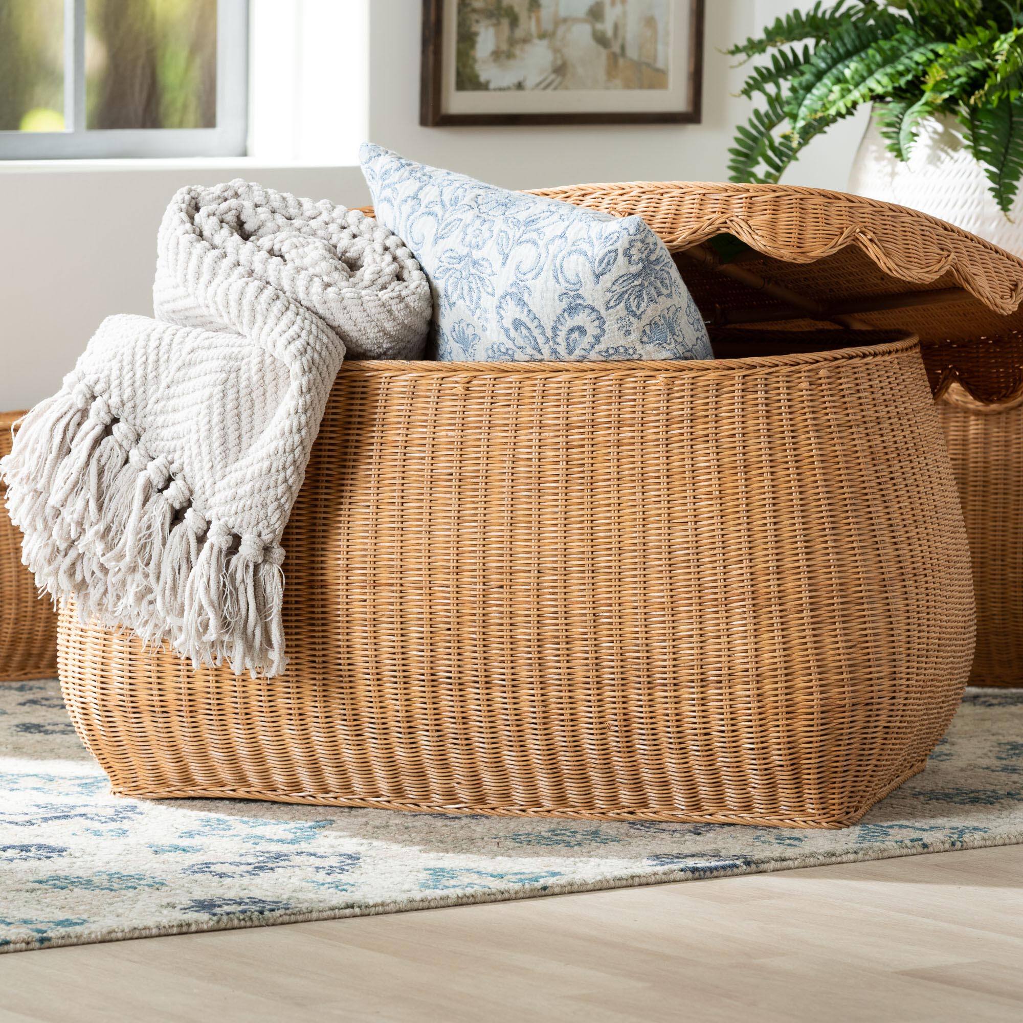 Alt View 4. bali & pari - Ayleen Natural Rattan Basket with Scalloped Lid – Handwoven Wicker Storage Box, Boho Coastal Home Décor, Large - Light Honey.