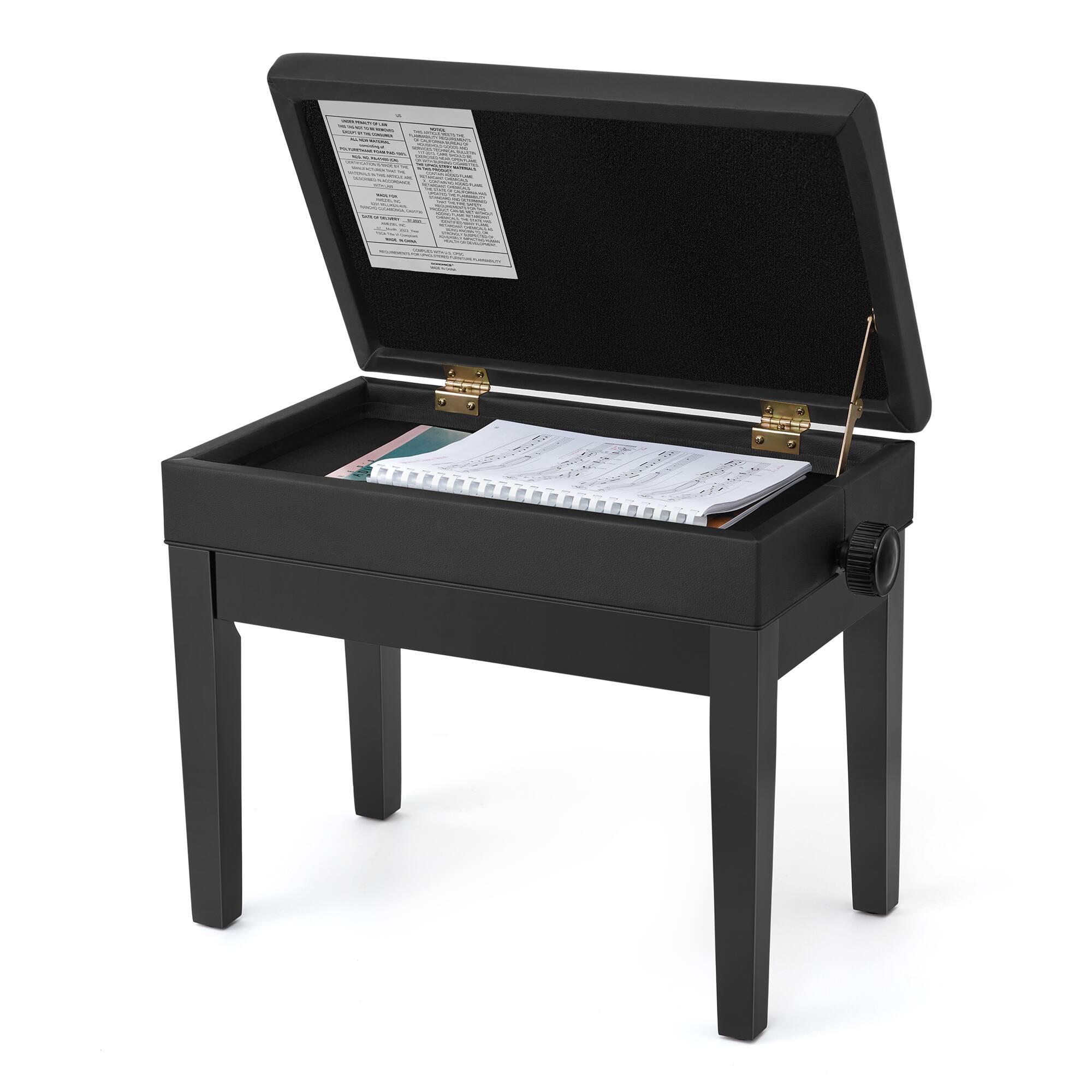 Front. Songmics Home - Adjustable Wooden Piano Bench Stool with Padded Cushion and Storage Compartment for Music Books, Piano Chair Seat - Black.