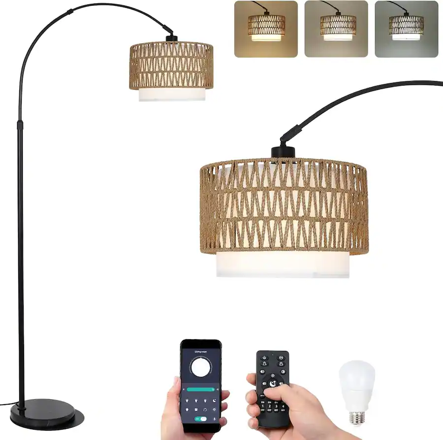 Led Florring MERAVOM Rattan Boho Arc Floor Lamps for Living Room with 3 Color ...