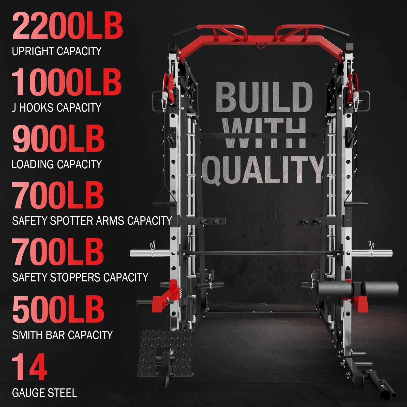 2200LB UPRIGHT CAPACITY  
1000LB J HOOKS CAPACITY  
900LB LOADING CAPACITY  
700LB SAFETY SPOTTER ARMS CAPACITY  
700LB SAFETY STOPPERS CAPACITY  
500LB SMITH BAR CAPACITY  
14 GAUGE STEEL