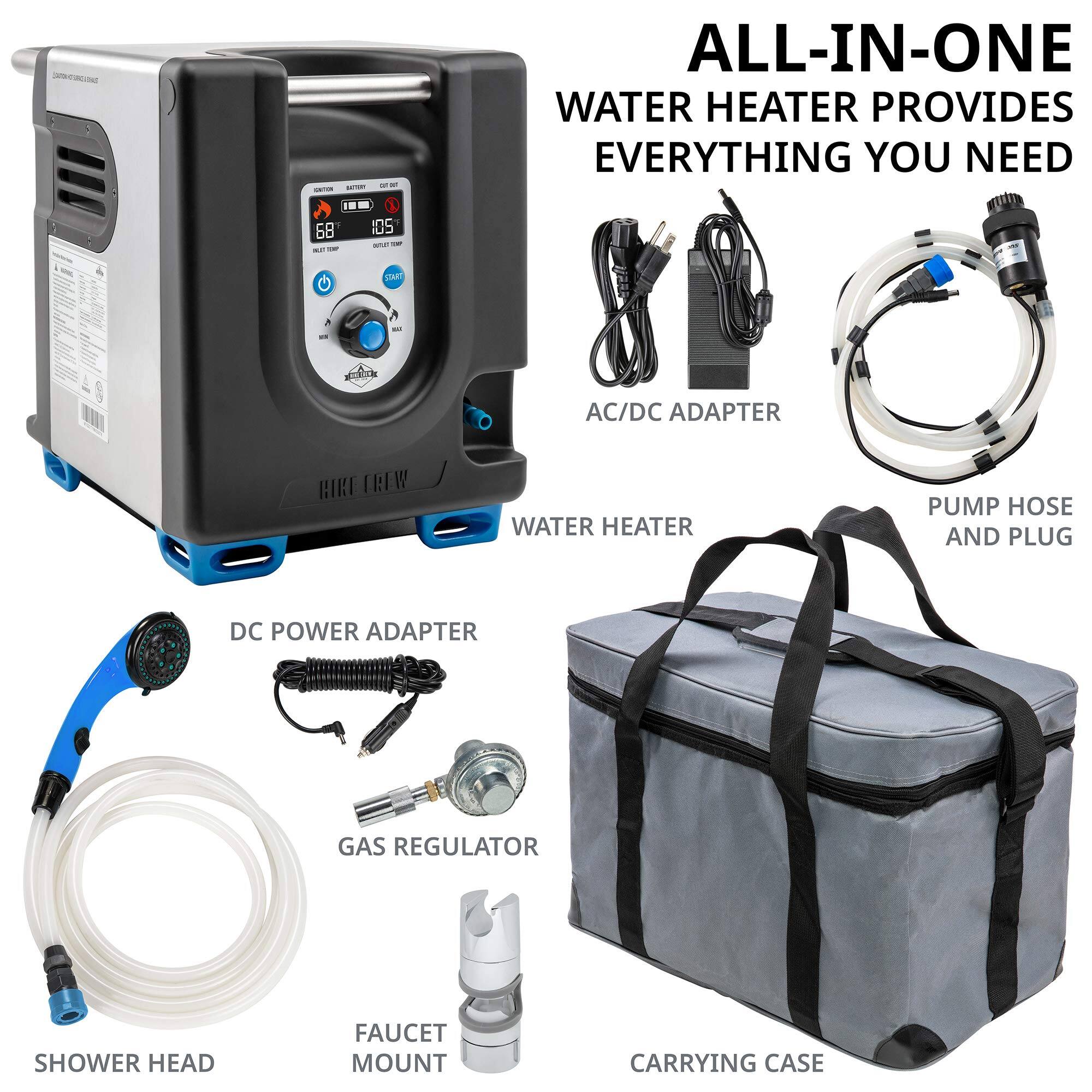 ALL-IN-ONE WATER HEATER PROVIDES EVERYTHING YOU NEED

AC/DC ADAPTER
WATER HEATER
PUMP HOSE AND PLUG
DC POWER ADAPTER
GAS REGULATOR
SHOWER HEAD
FAUCET MOUNT
CARRYING CASE