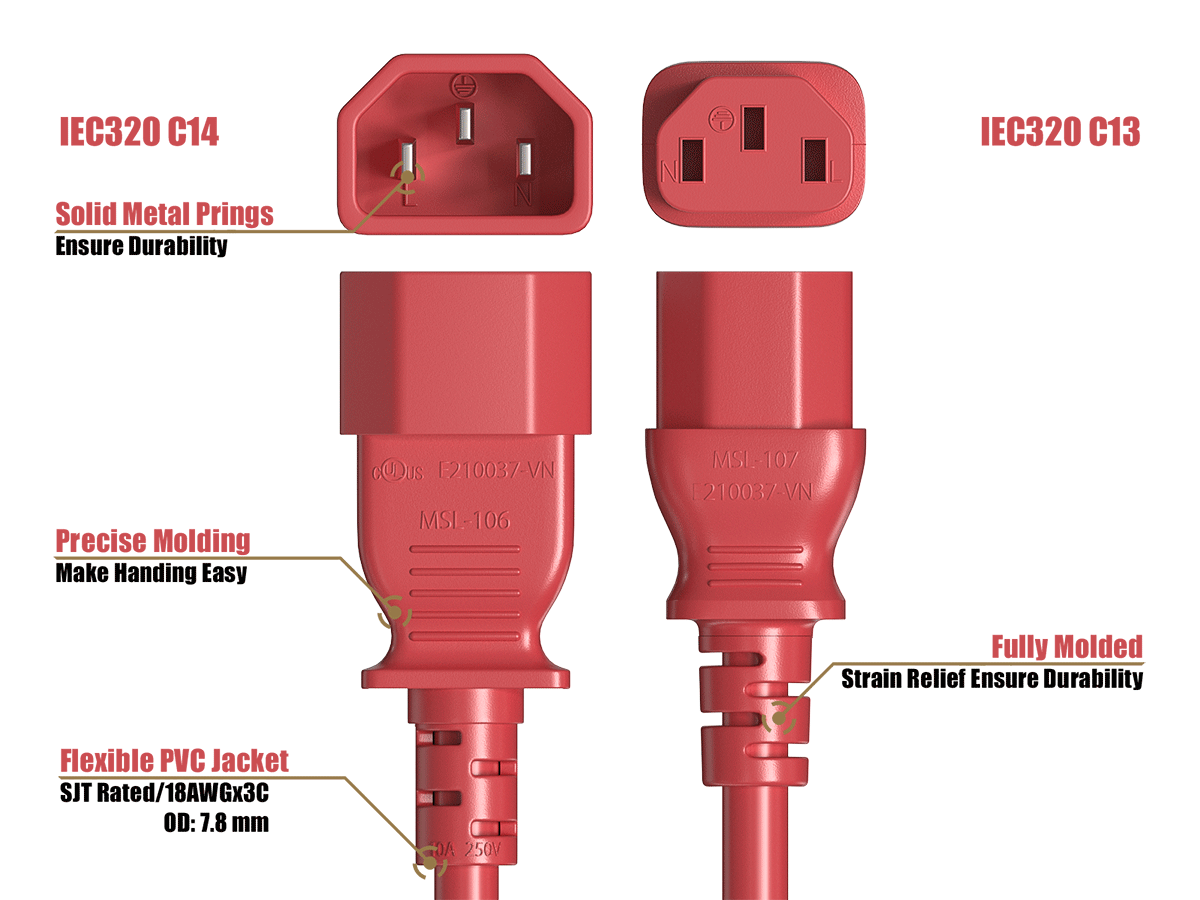 IEC320 C14  
IEC320 C13  
Solid Metal Prongs Ensure Durability  
Precise Molding Makes Handling Easy  
eDus E210037-VN MSI-106  
MSL-107 E210037-VN  
Fully Molded Strain Relief Ensures Durability  
Flexible PVC Jacket SJT Rated /18AWGx3C OD: 7.8 mm  
DA 250V