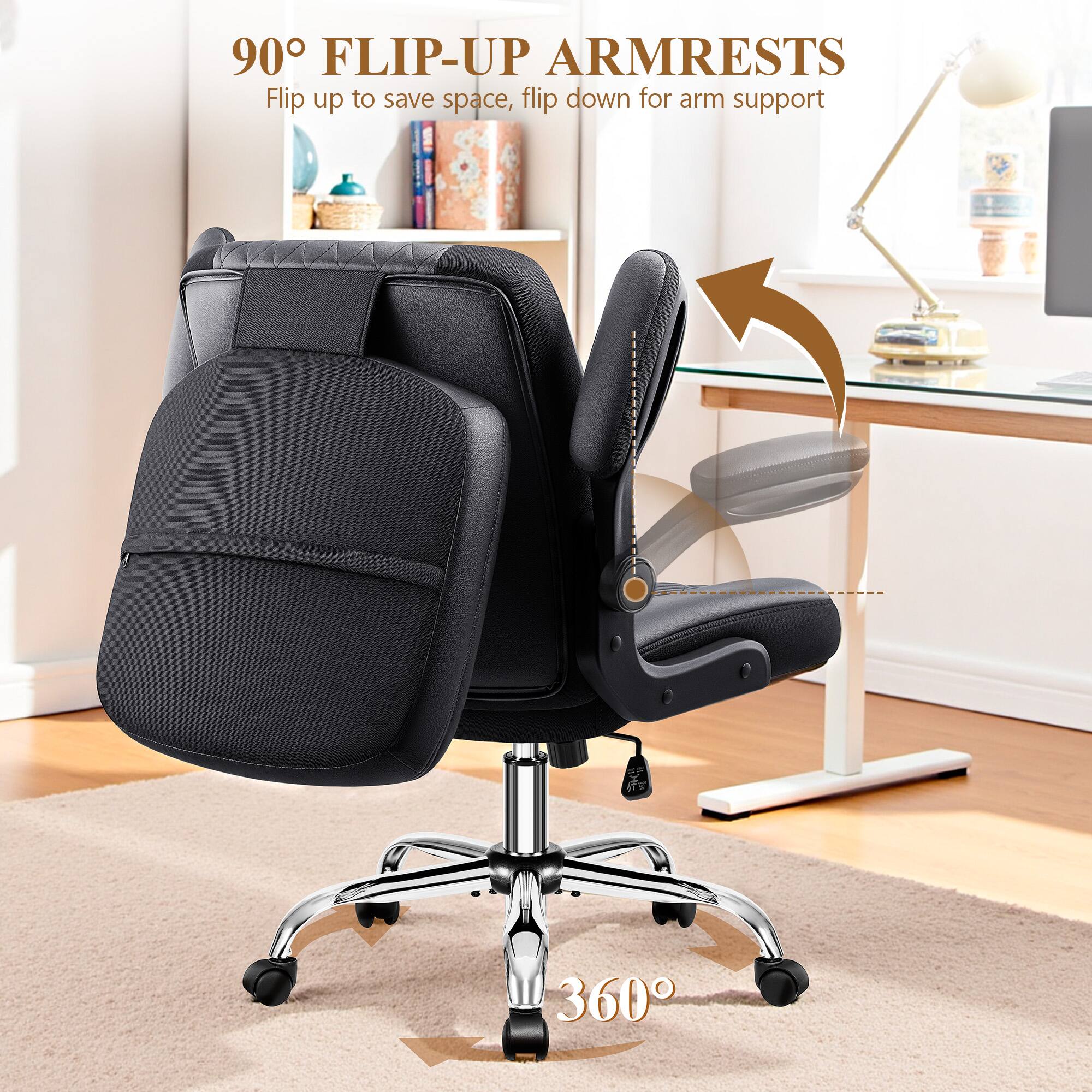 90° FLIP-UP ARMRESTS  
Flip up to save space, flip down for arm support  
360°