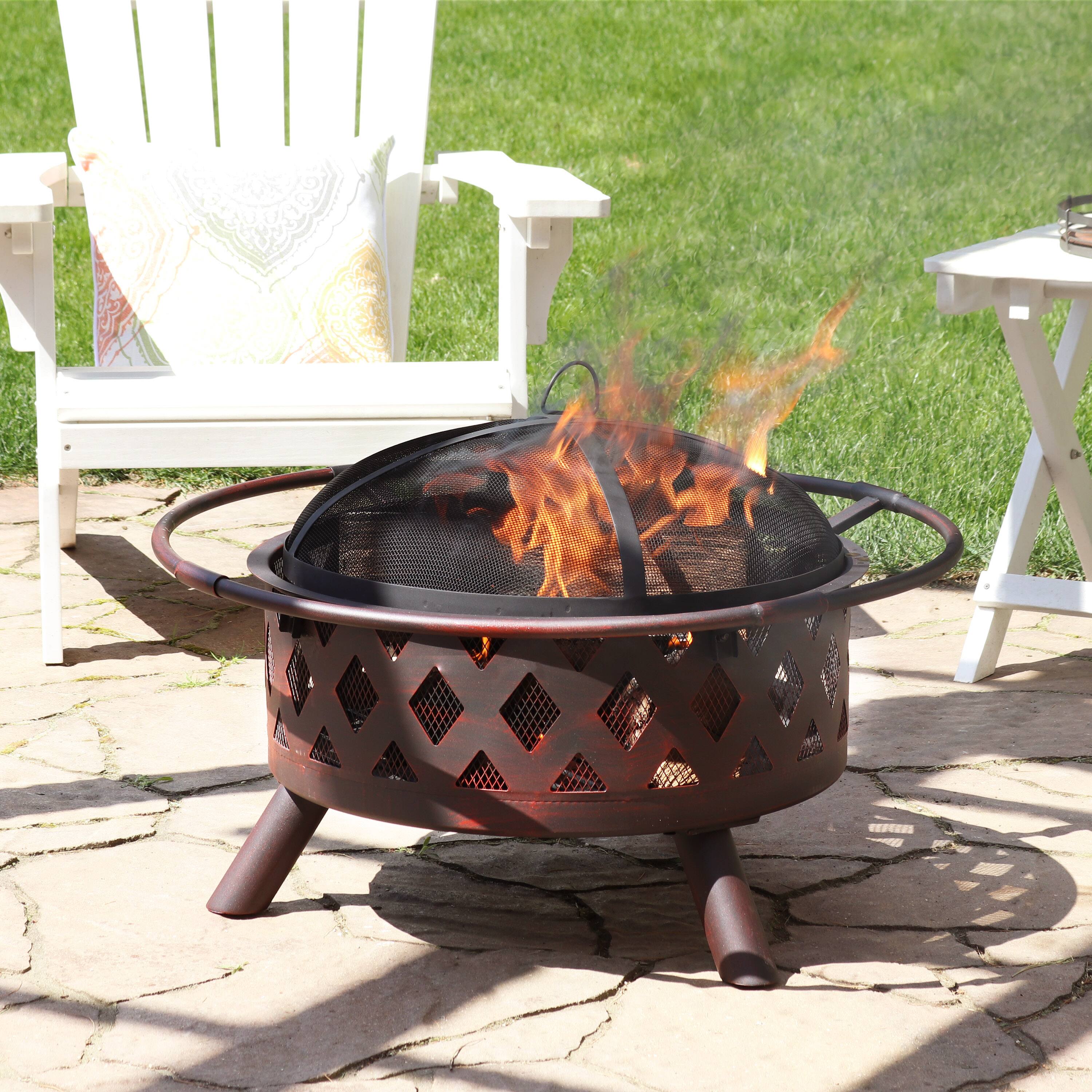 Alt View 1. Sunnydaze - 30 in Crossweave Steel Fire Pit with Screen and Poker - Bronze.
