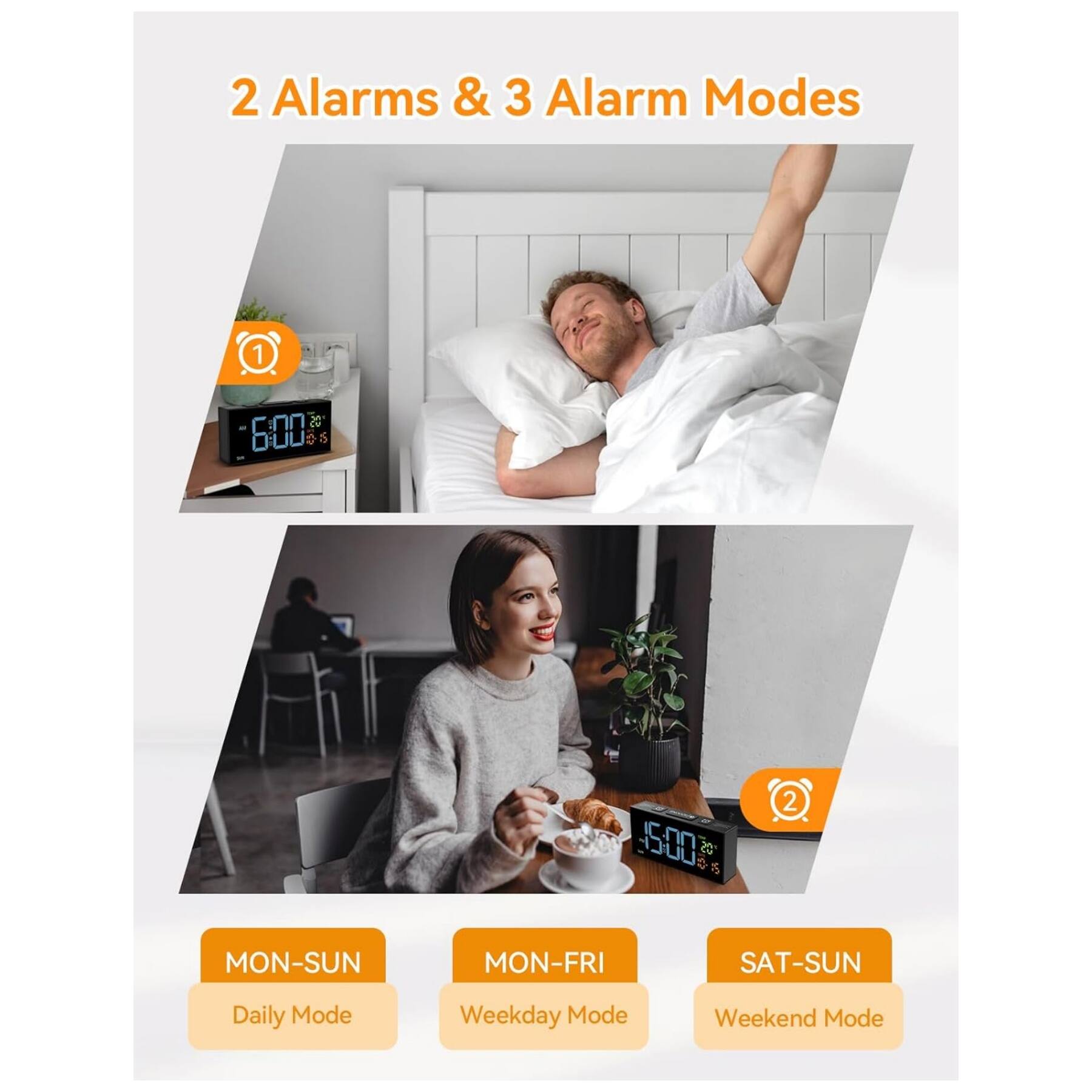 2 Alarms & 3 Alarm Modes

1. 6:00 S
2. 5:00 S

MON-SUN: Daily Mode
MON-FRI: Weekday Mode
SAT-SUN: Weekend Mode
