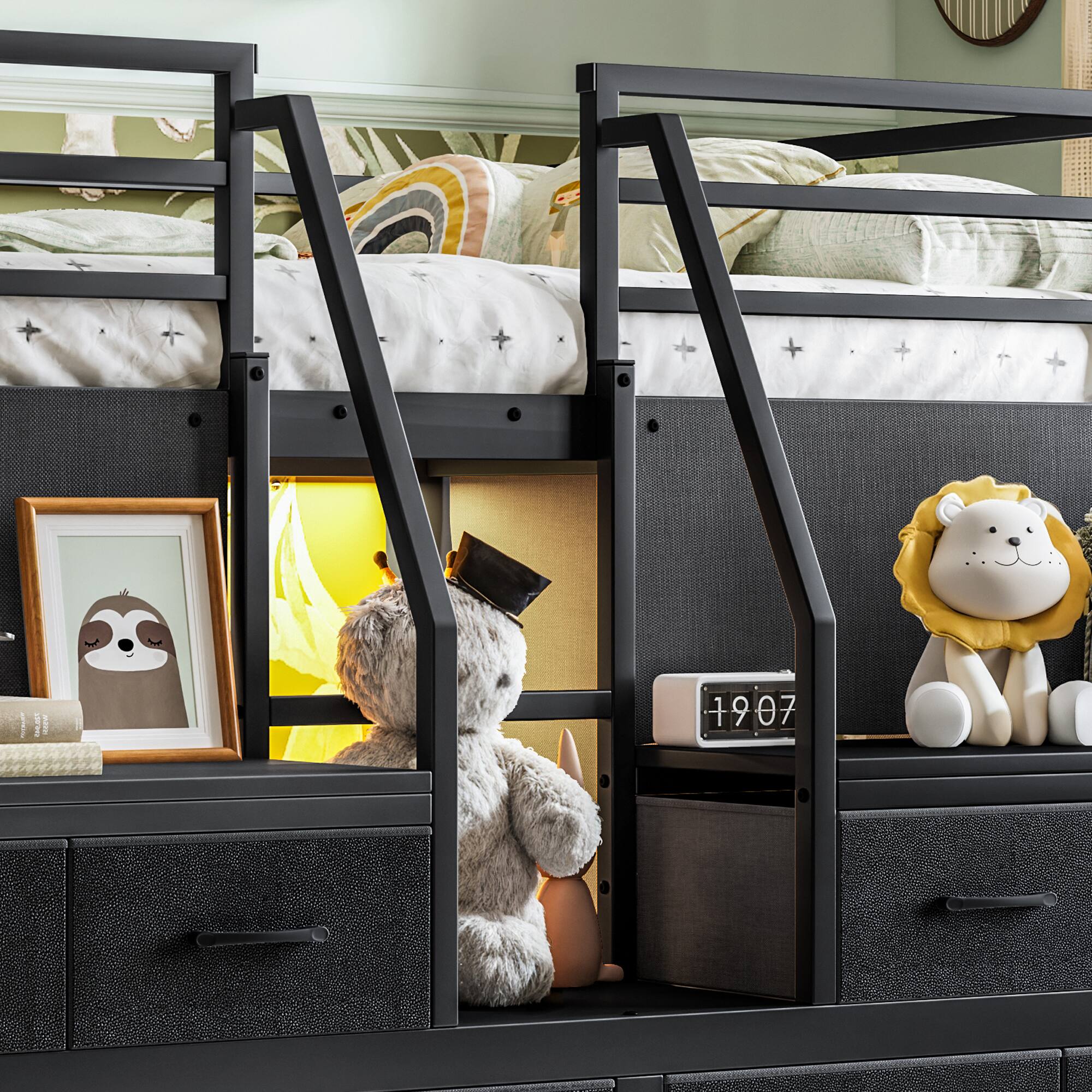 Back. Anysun - Full Low Loft Bed w/ Multi-Storage, Fabric Drawers & Shelves, Storage Stairs, Lights, Under-Bed Space - Black.