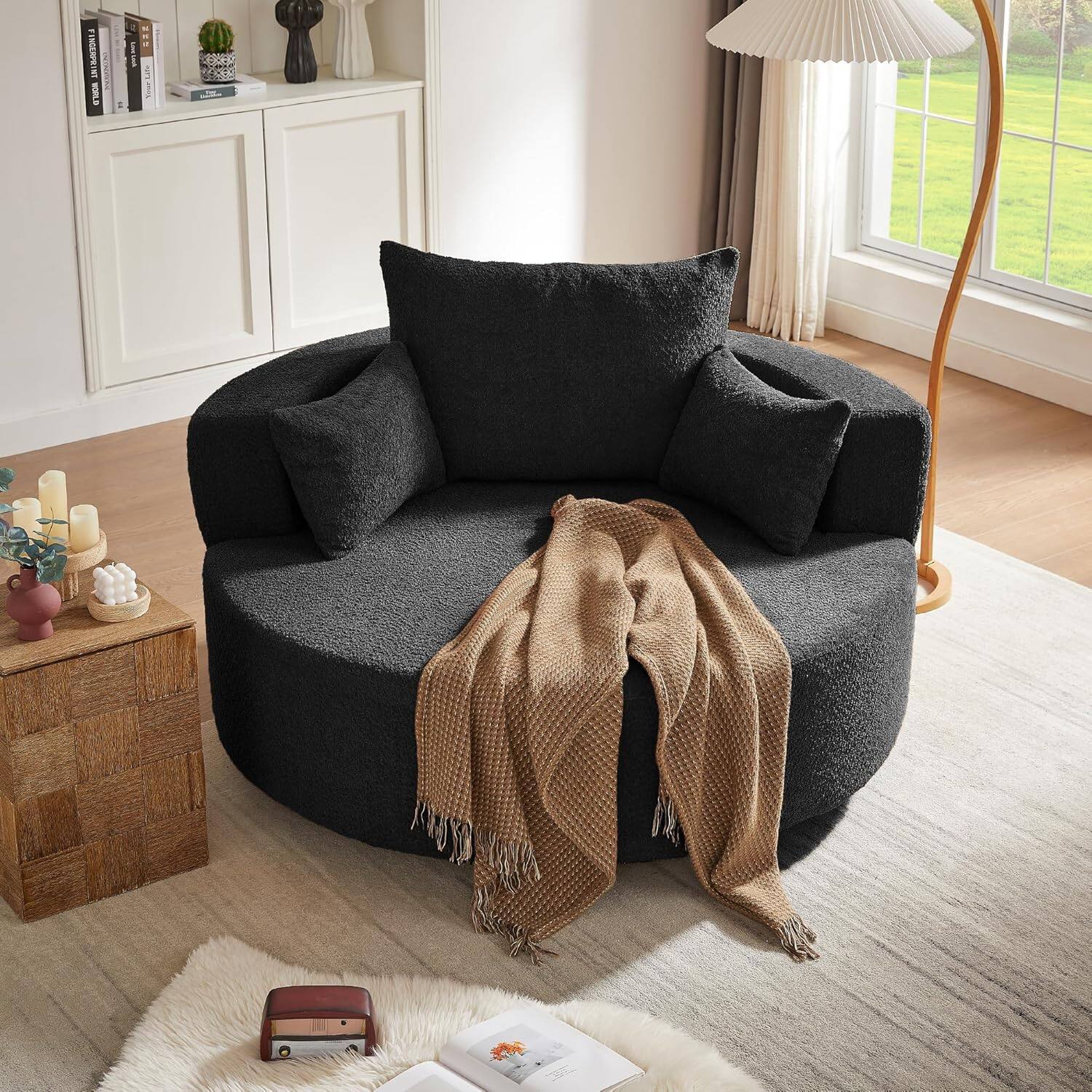 Alt View 5. Trinkets Crazed - Oversized Round Swivel Barrel Chair, Large Upholstered Accent Sofa Chair with 3 Pillow - black.