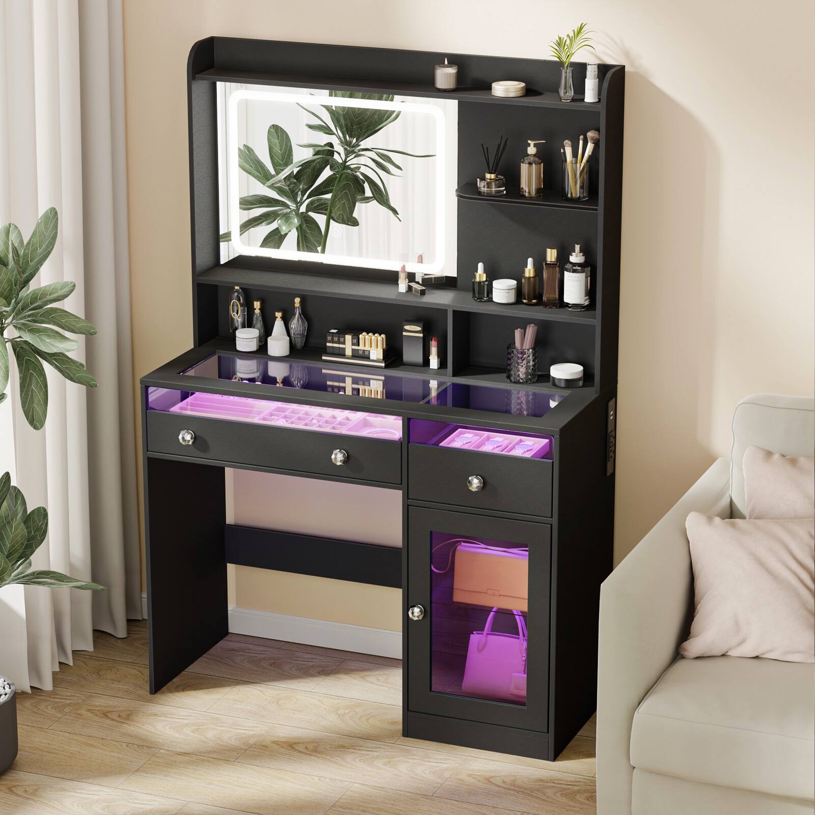 Angle. Furnulem - 35 Inch Makeup Vanity Table with LED Lighted Mirror Built in Power Outlet and Acrylic Cabinet Door - Black.