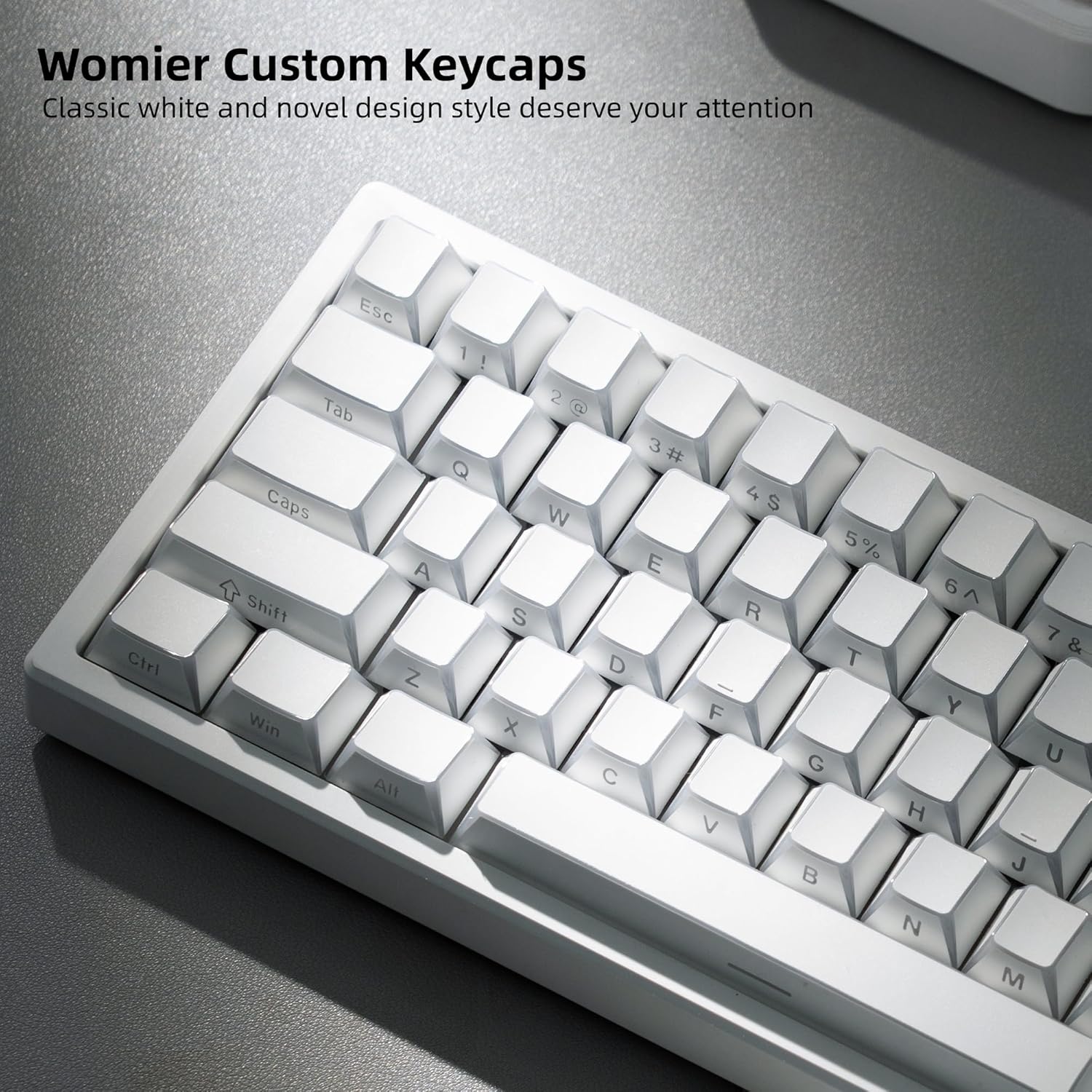 Womier Custom Keycaps  
Classic white and novel design style deserve your attention  

Esc 1 !  
Tab Q Caps A Shift Z Win All 2 W S X D C 3 # 4 4S $ 5% 5 E 6 6 R T F Y G H V B 7 & U J N M
