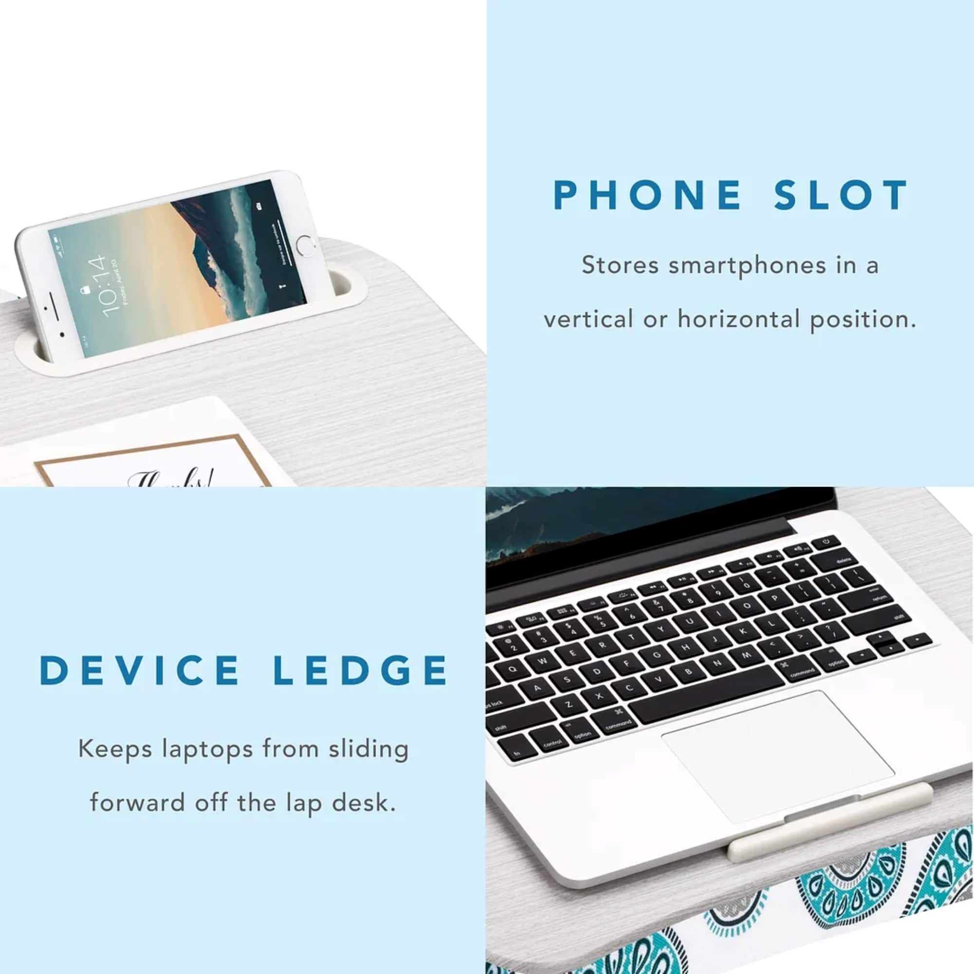 The image features a laptop, a phone, and a device ledge. The device ledge stores smartphones in a vertical or horizontal position, while the laptop is placed on a lap desk to prevent it from sliding forward. The phone is also shown in a vertical position, possibly in a phone slot.