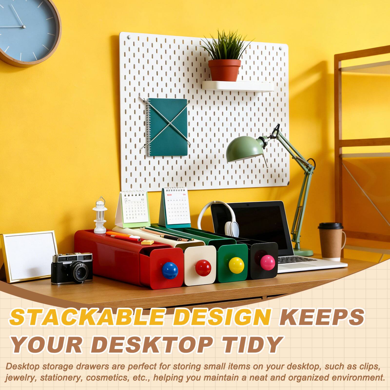 STACKABLE DESIGN KEEPS YOUR DESKTOP TIDY

Desktop storage drawers are perfect for storing small items on your desktop, such as clips, jewelry, stationery, cosmetics, etc., helping you maintain a neat and organized environment.