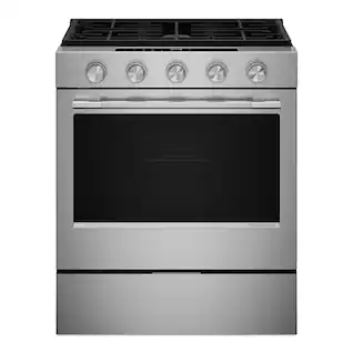 Front. KitchenAid - 30 in. Wide 5 burners 5.0 cu. ft. Smart Slide-in Gas Range with Convection Cooking Modes and 2-in-1 Burner - PrintShield Stainless Finish.