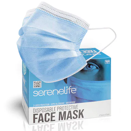 FACE RA - EAR LO 100 PC serenelife HYPO-ALLERGENIC WATERPROOF 3-LAYER PROTECTION DISPOSABLE PROTECTIVE FACE MASK I MASK 17.5cm x 9.5cm