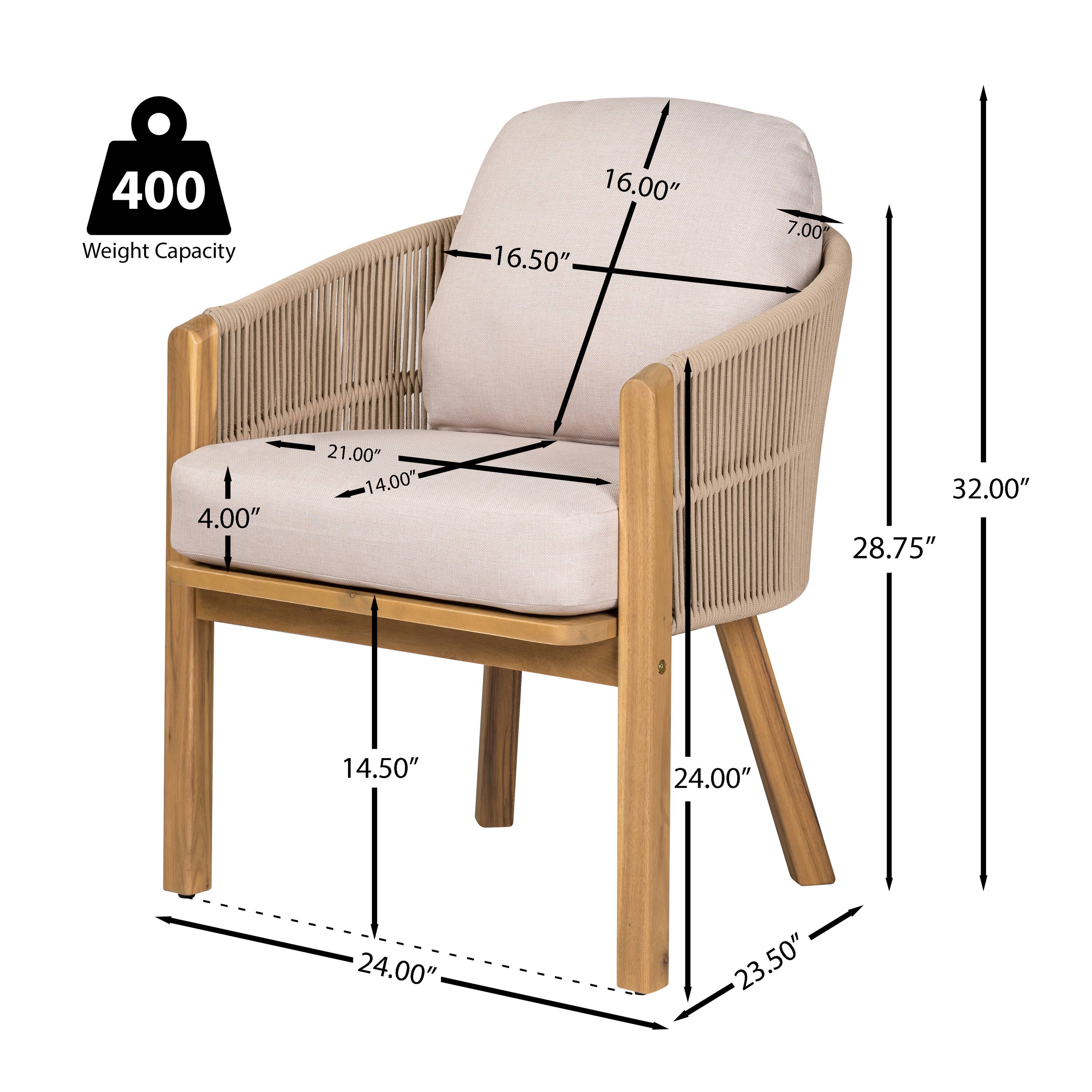 400 Weight Capacity  
16.00"  
16.50"  
7.00"  
4.00"  
21.00"  
14.00"  
32.00"  
28.75"  
14.50"  
24.00"  
24.00"  
23.50"