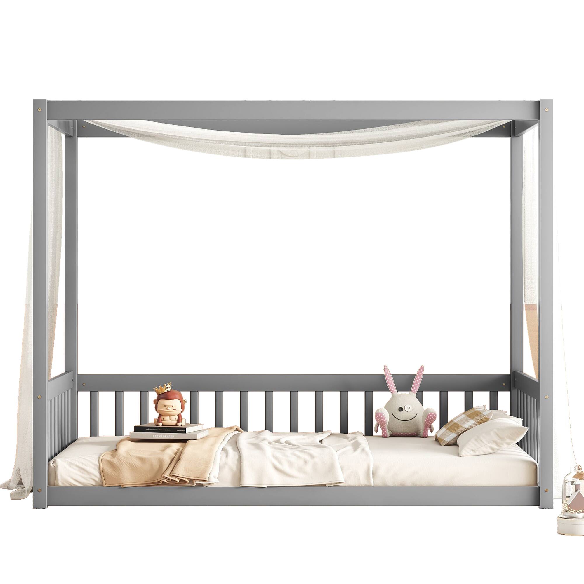 Alt View 9. Tiramisubest - Twin Size Canopy Frame Floor Bed with Fence, Guardrails,Grey - Grey.