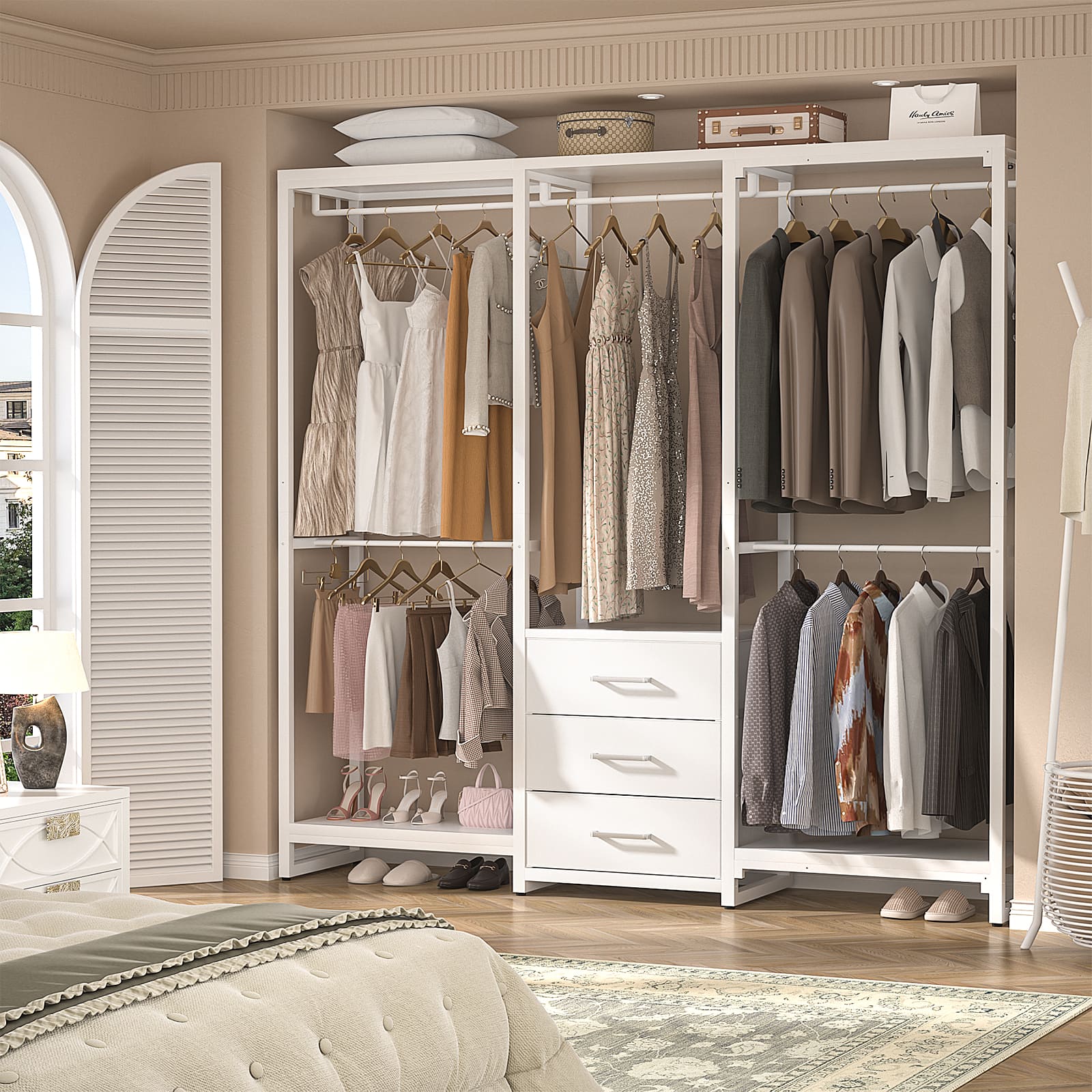 Aheaplus - Sturdy Metal Garment Rack with 3 Fabric Drawers, Wall Mounted Clothing Rack with 5 Hanging Rods & Storage Shelves - White