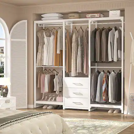 Front. Aheaplus - Sturdy Metal Garment Rack with 3 Fabric Drawers, Wall Mounted Clothing Rack with 5 Hanging Rods & Storage Shelves - White.