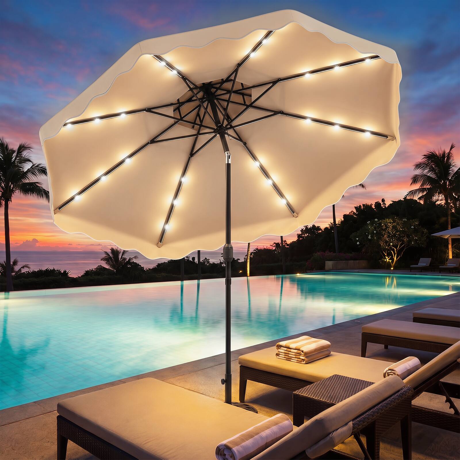 Alt View 3. Costway - Costway 10 FT Solar LED Patio Umbrella, Push-Button Tilt & Crank, 24 LED Lights & 8 Ribs - Beige.