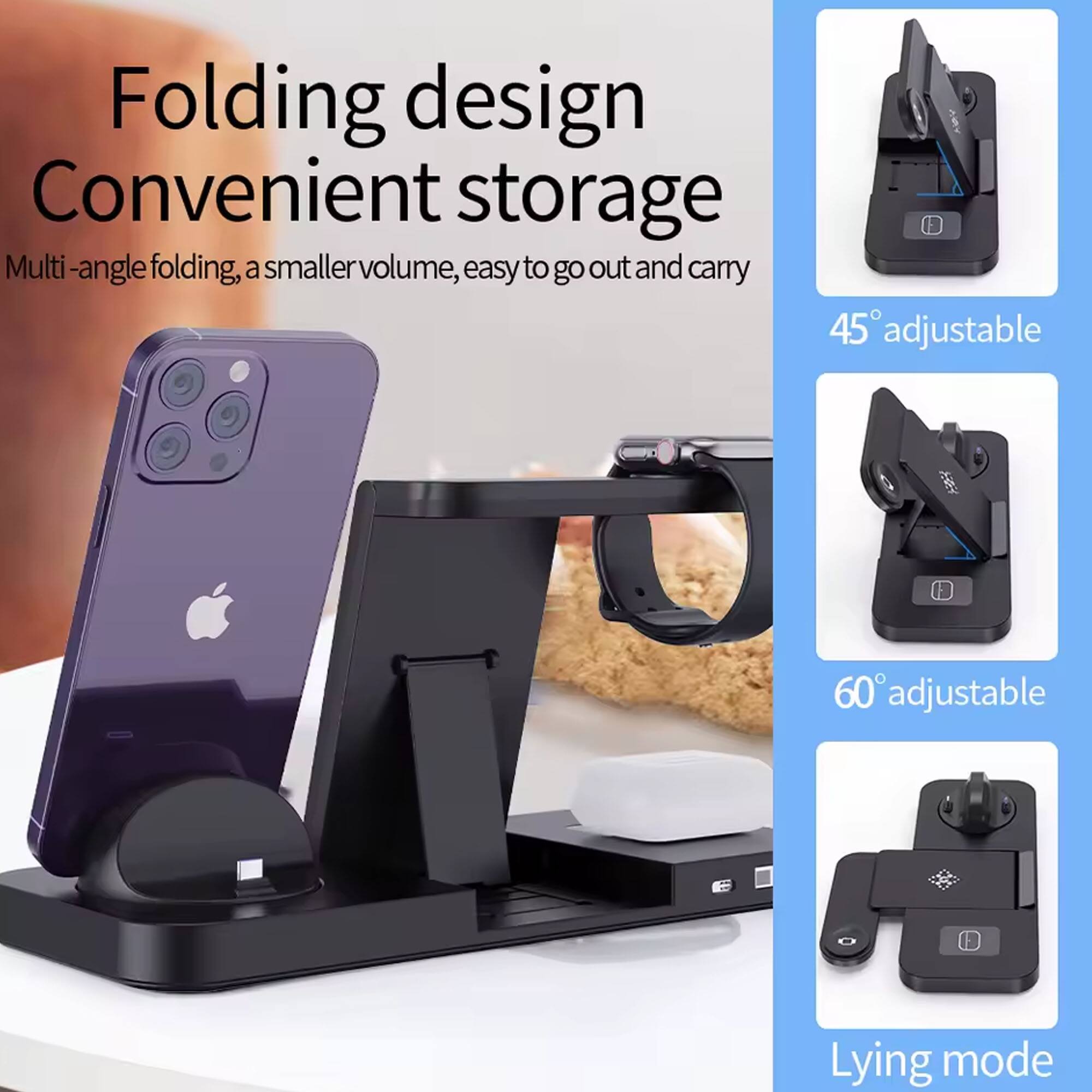 Folding design  
Convenient storage  
Multi-angle folding, a smaller volume, easy to go out and carry  
45° adjustable  
60° adjustable  
Lying mode