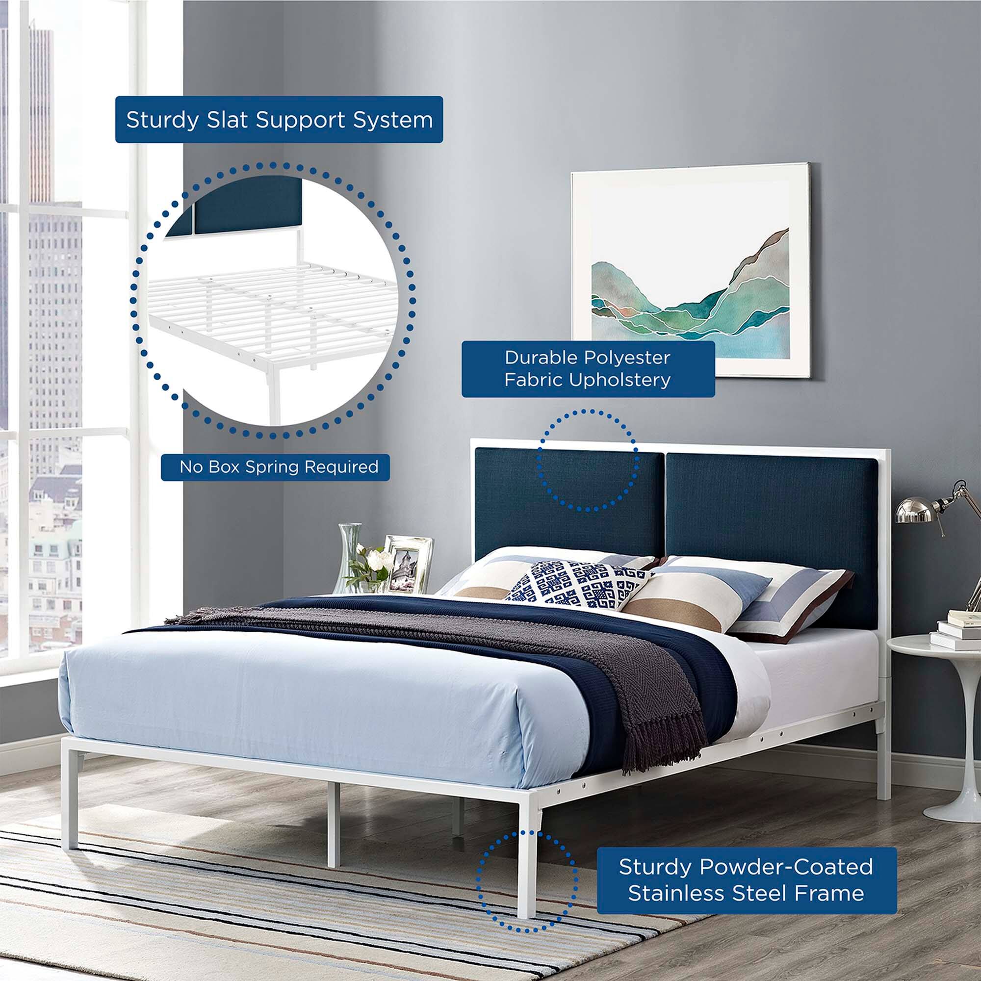 - Sturdy Slat Support System
- Durable Polyester Fabric Upholstery
- No Box Spring Required
- Sturdy Powder-Coated Stainless Steel Frame
