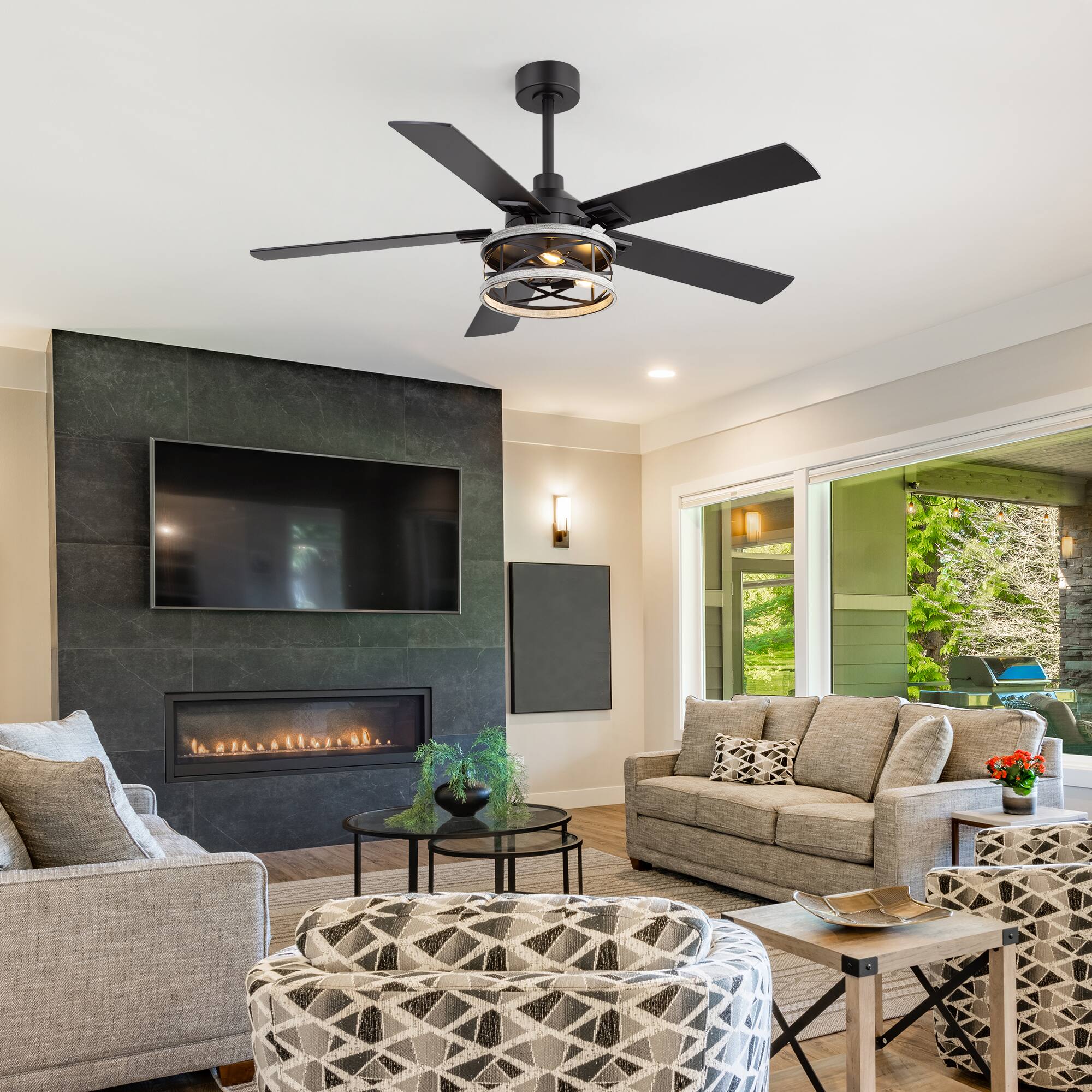 Back. Breezary - 52-Inch Ceiling Fan with Light, 5 Reversible Blades, E12 Bulb Base, DC Motor, Includes two Downrods - black.