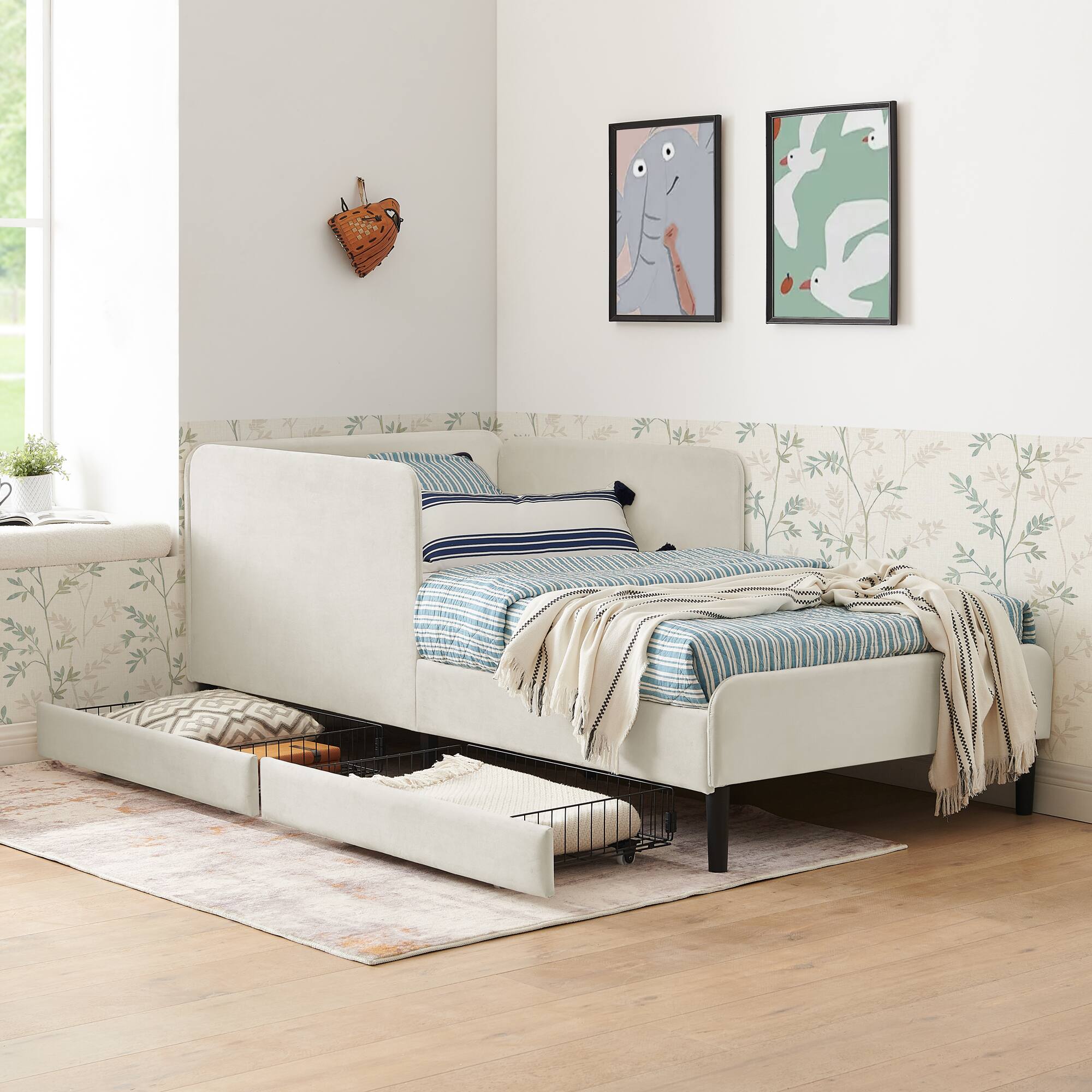 Angle. TinyHomie - Twin Size Upholstered Platform Bed Frame 2 Storage Drawers Adjustable Velvet Sofa Bed Beige - white.