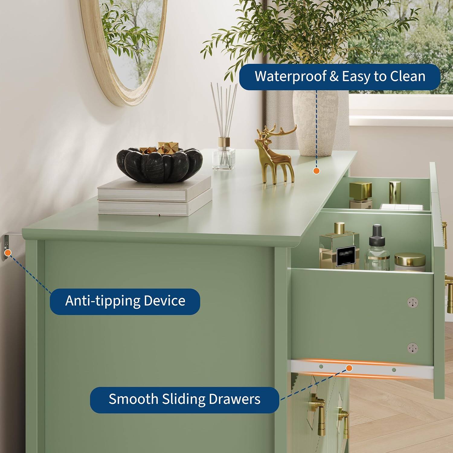 Waterproof & Easy to Clean  
Anti-tipping Device  
Smooth Sliding Drawers