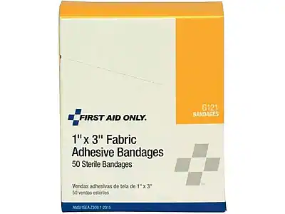 FIRST AID ONLY.
G121 BANDAGES
1" x 3" Fabric Adhesive Bandages
50 Sterile Bandages
Vendas adesivas de tela de 1" x 3"
50 vendas esteril
ANSA/ISEA 2308 2015