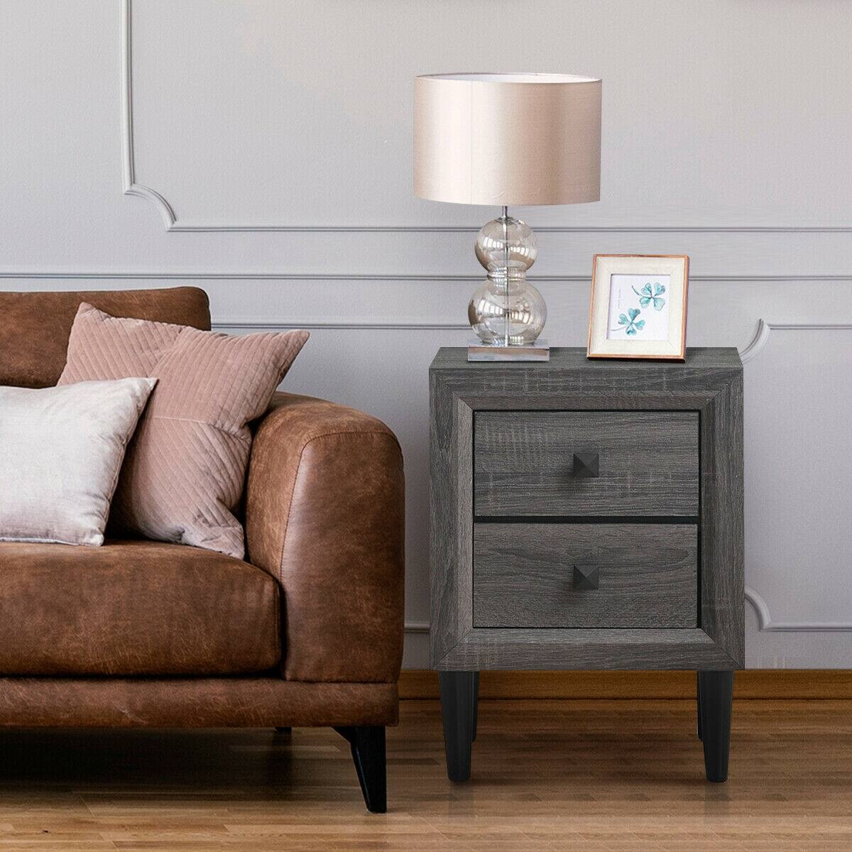 Alt View 5. Ecooso - Retro Nightstand Multipurpose Bedside End Table with 2 Drawers for Storage - Grey.