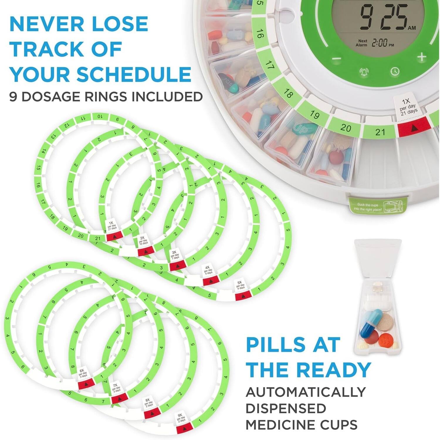 NEVER LOSE TRACK OF YOUR SCHEDULE  
9 DOSAGE RINGS INCLUDED  

PILLS AT THE READY  
AUTOMATICALLY DISPENSED MEDICINE CUPS