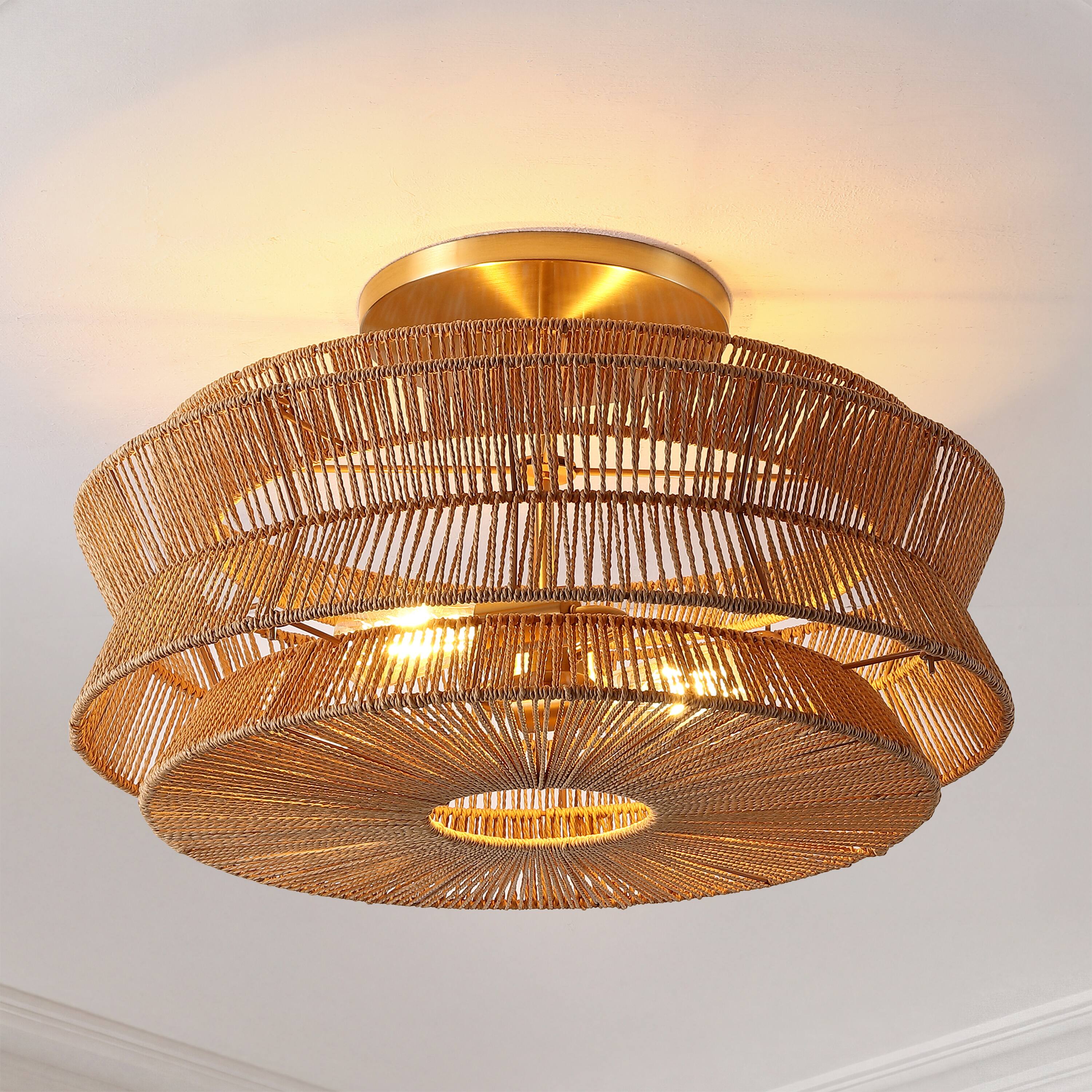 Alt View 1. Jonathan Y - Maya 23.75" 2-Light Bohemian 2-Tier Metal Hand-Woven Paper Rope Tapered Drum LED Semi Flush Mount, Brown/Brass Gold - Brown/Brass Gold.
