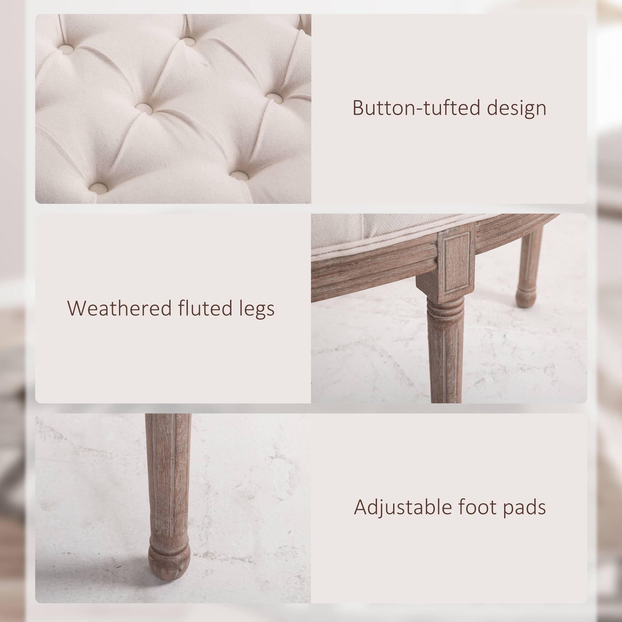 Button-tufted design, Weathered fluted legs, Adjustable foot pads