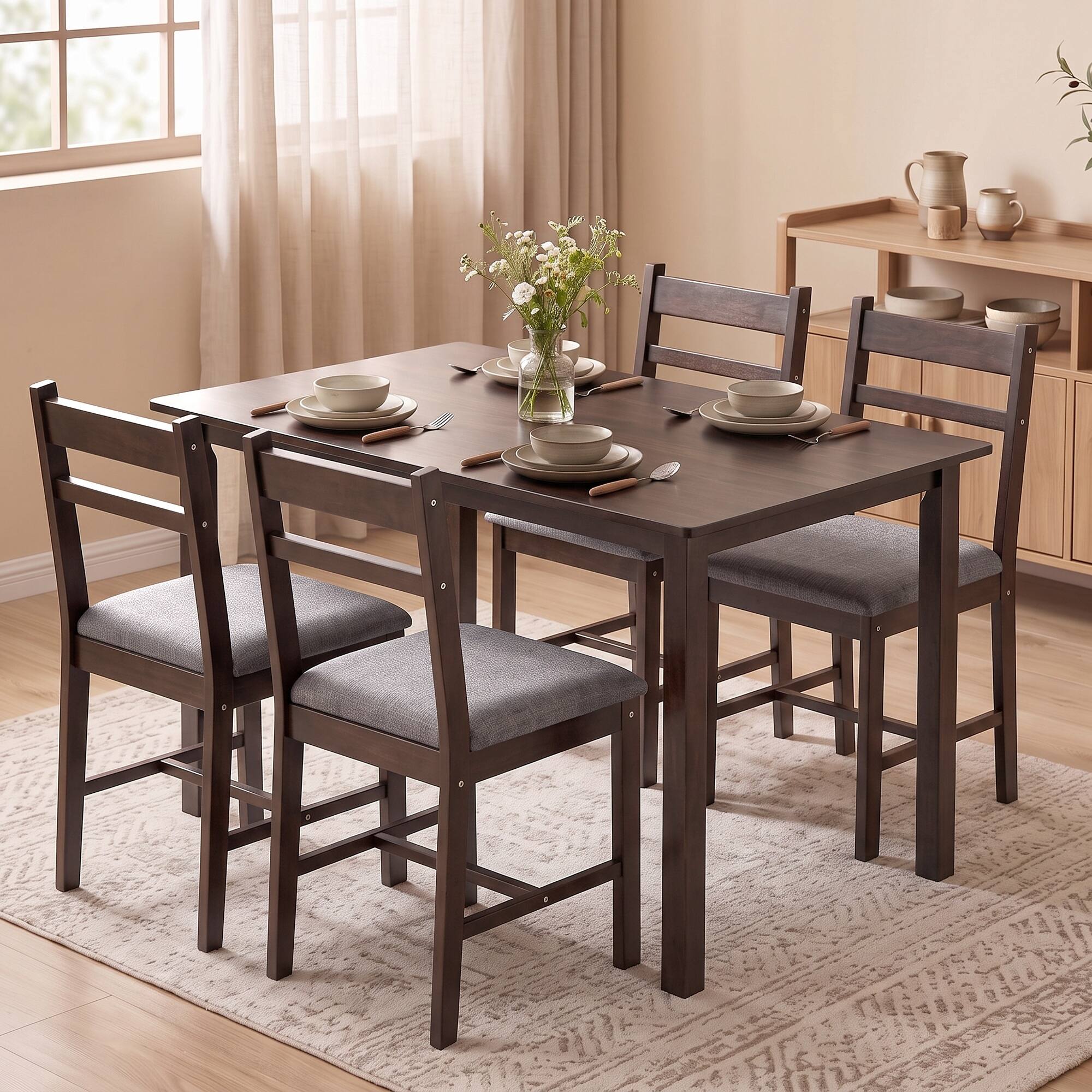 Alt View 1. Homcom - Solid Wood Dining Table Set for 4 - Walnut and gray.